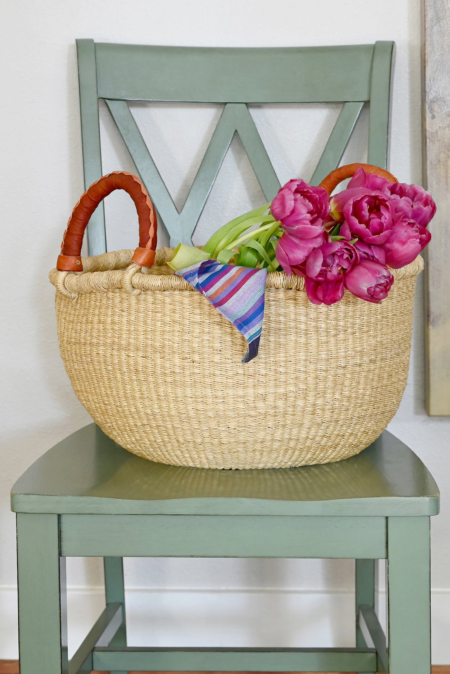 All Natural Bolga Basket with Leather Wrapped Handles