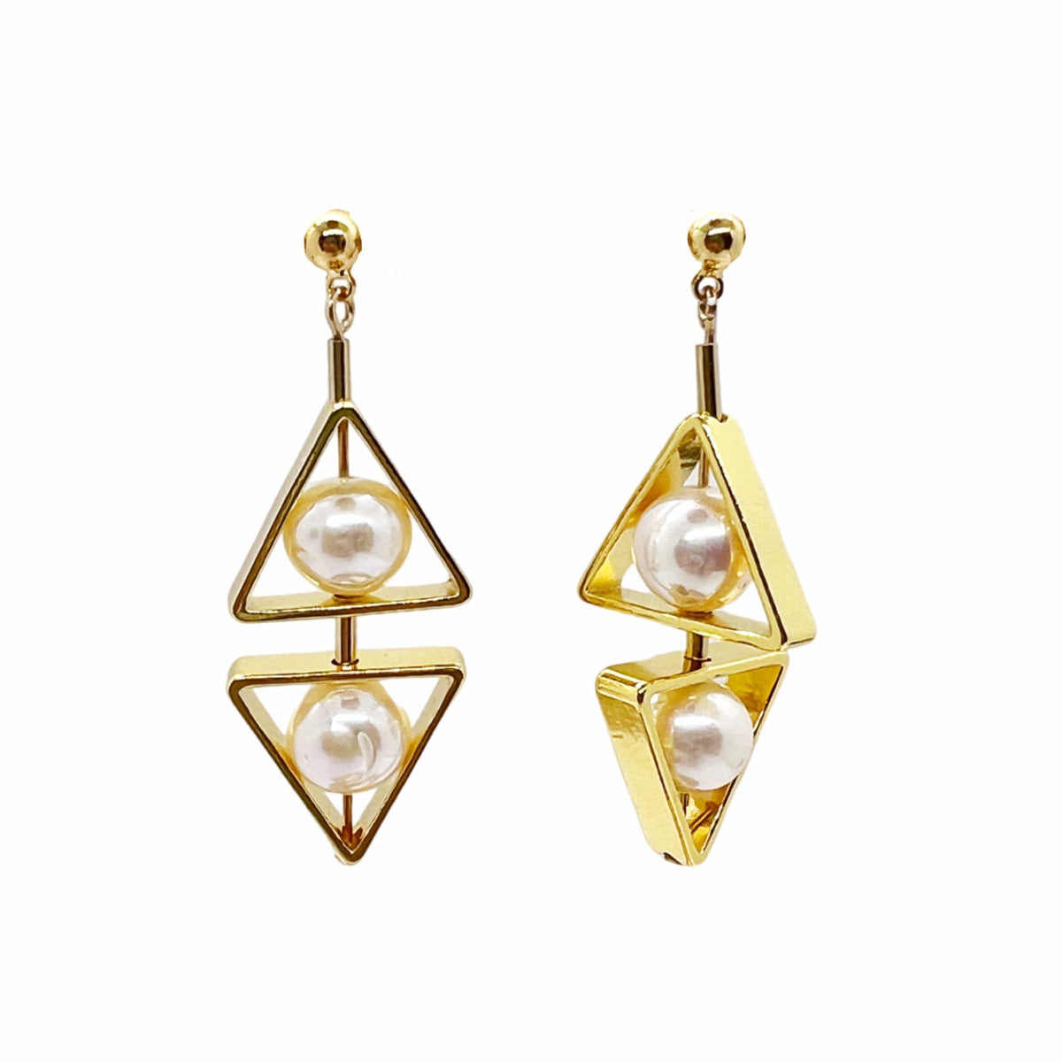 18K Gold-plated Silver Double Triangle Pearl Earrings