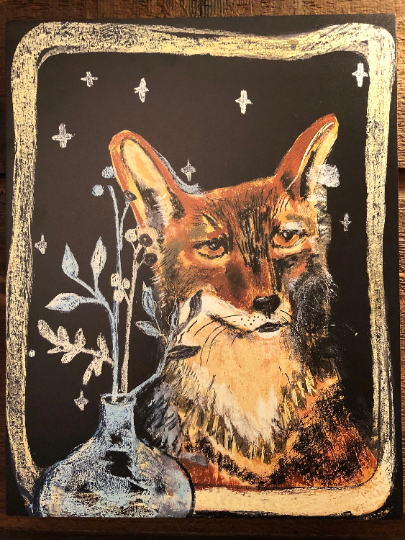 Fox in the Window with Vase, Starry Night Wildlife Art Print on Board