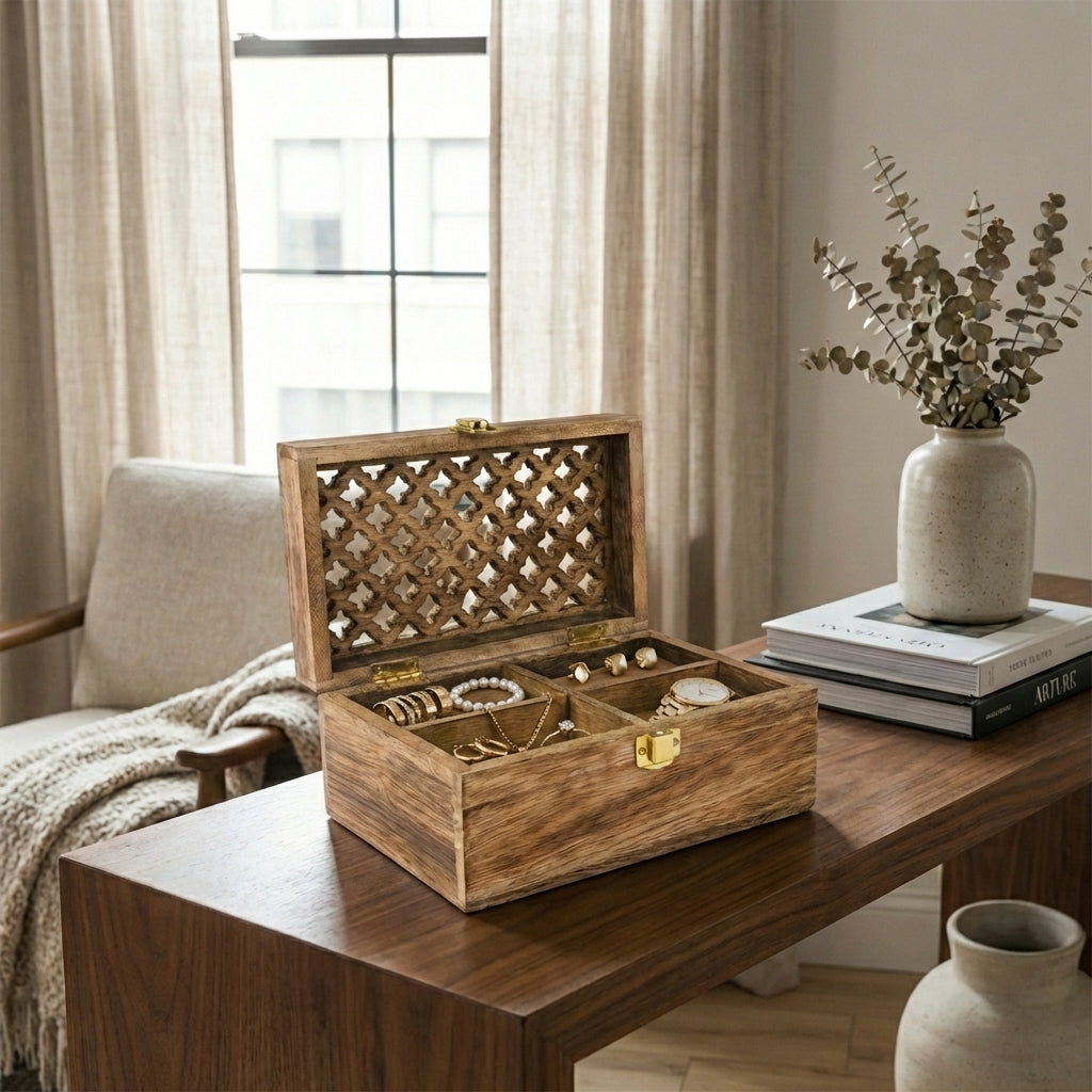 Mango Wood Trellis Keepsake Box with Compartments, Medium Burnt