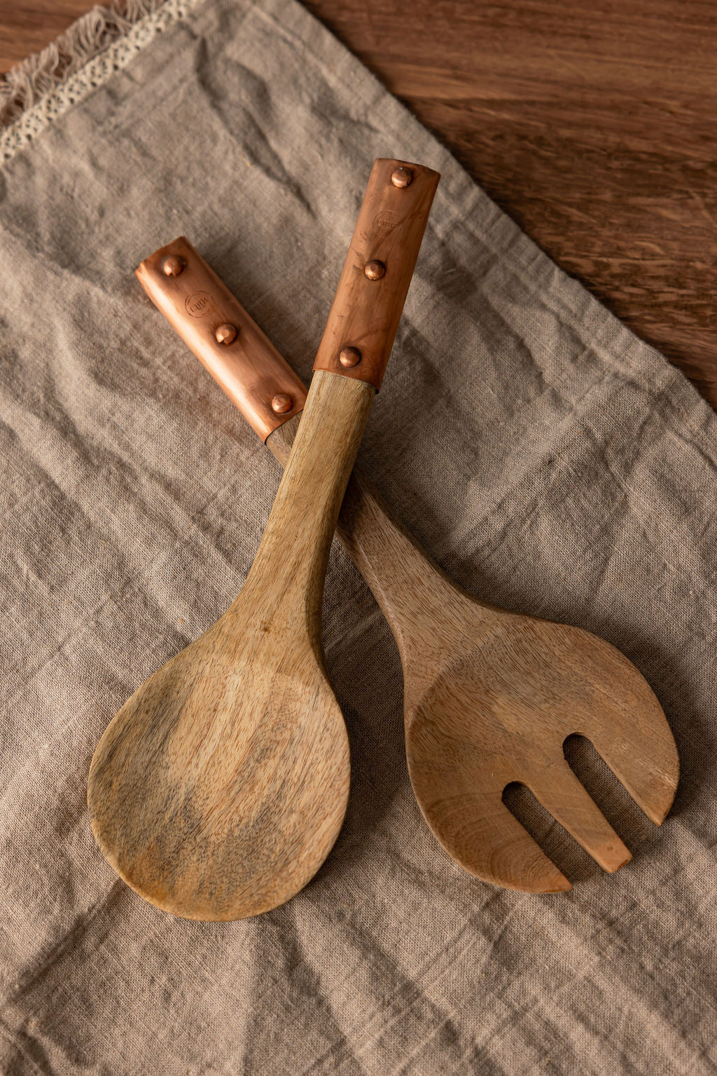 Vintage Inspired Wood Serving Utensils with Copper Strap Handles