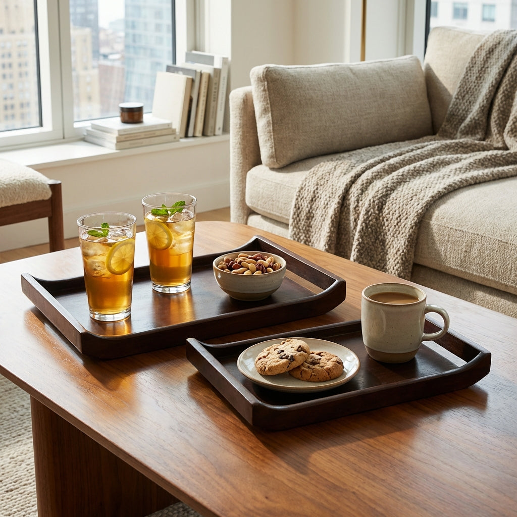 Acacia Wood Serving Tray Set of 2 in Urban Walnut Finish