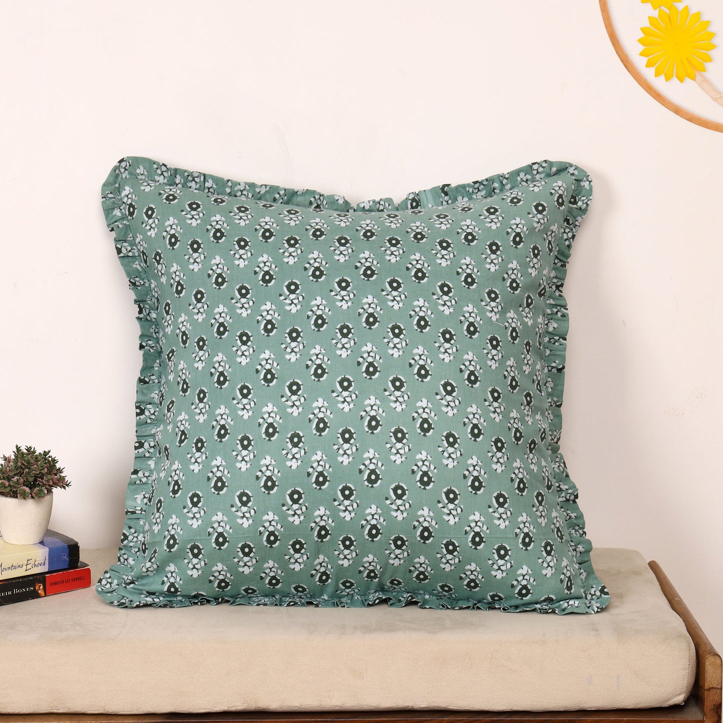 Block-Printed Pillow Cover | 20x20 Ruffled Cotton, Hidden Zipper