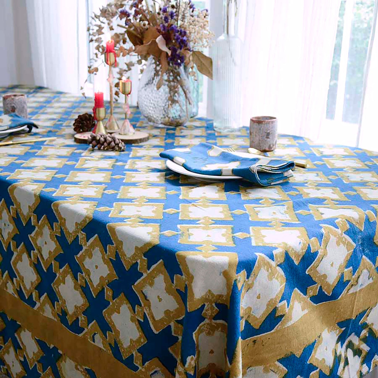 Boho Organic Cotton Tablecloth - Hopi Blue