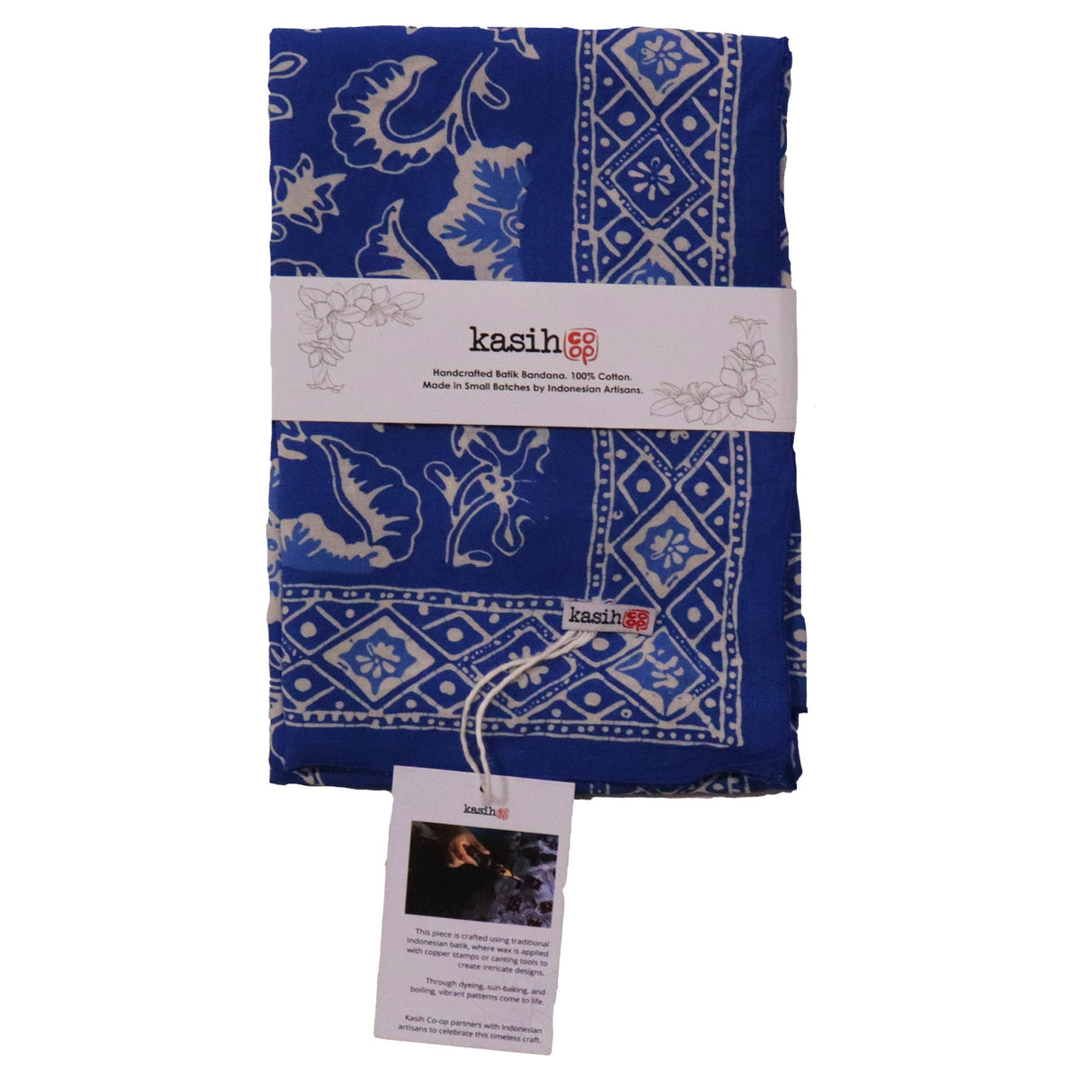 Large 39" Hand Dyed Batik Bandana, Blue Tendril, 100% Cotton