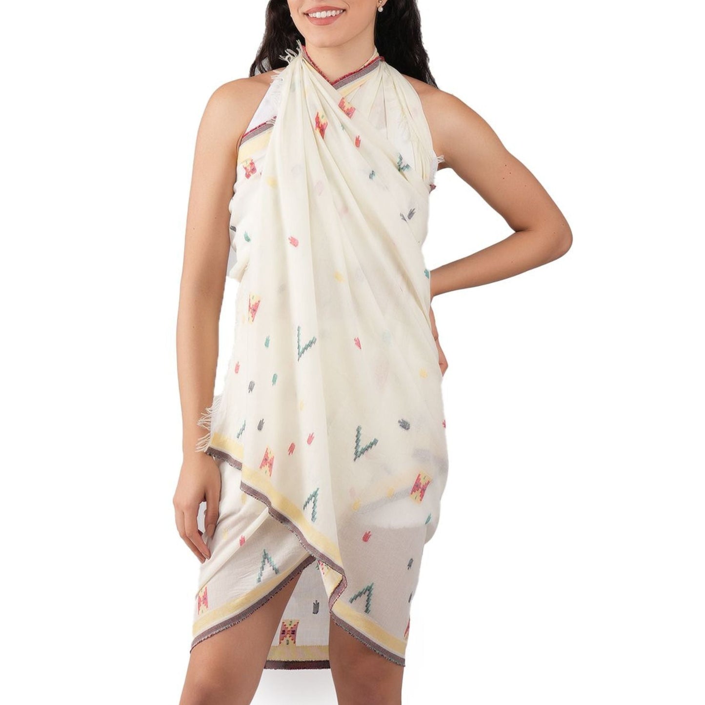 Pixel Woven Cotton Scarf - Ivory