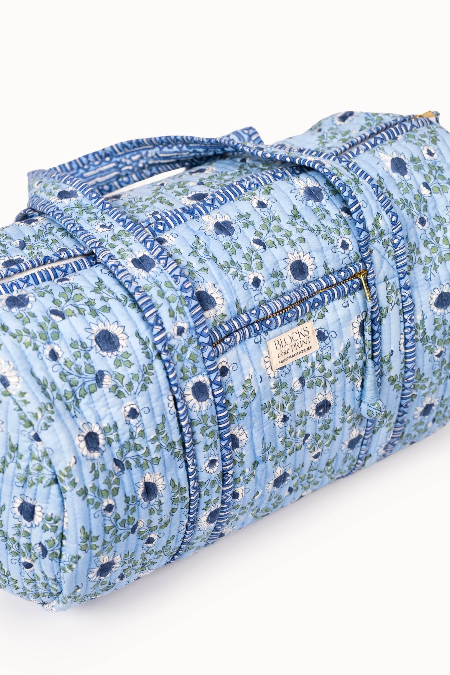 Parijat Ocean Blue Block Print Quilted Duffle Bag