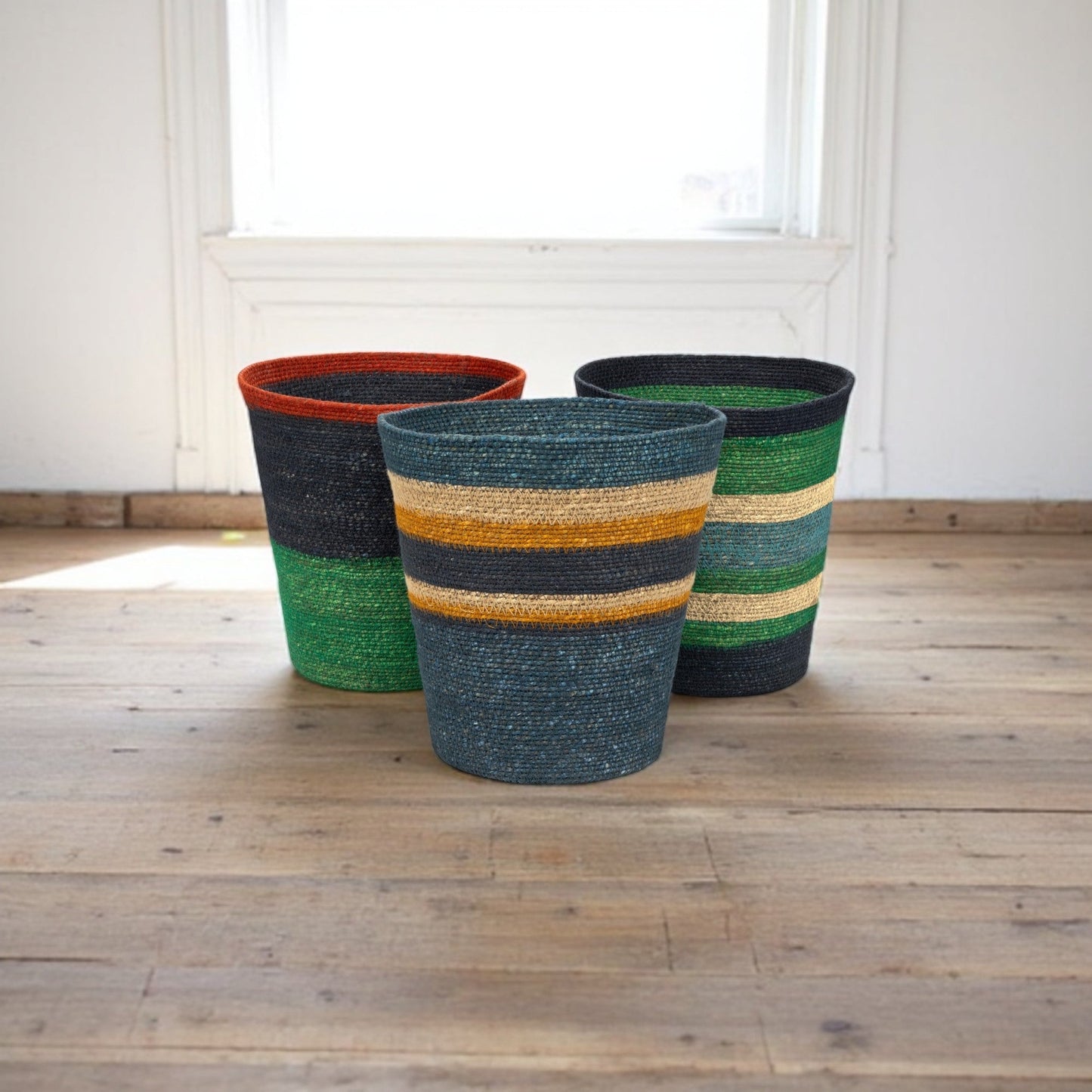 Striped Seagrass Waste Paper Basket in Midnight / Beryl Green