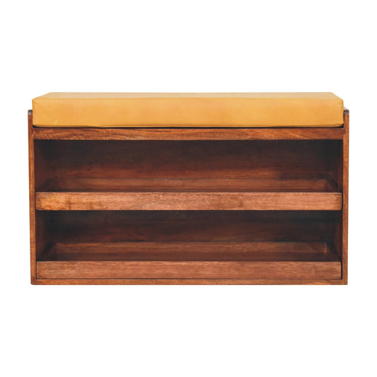 Solid Wood Buffalo Hide Pull out Honey Caramel Shoe Storage Bench