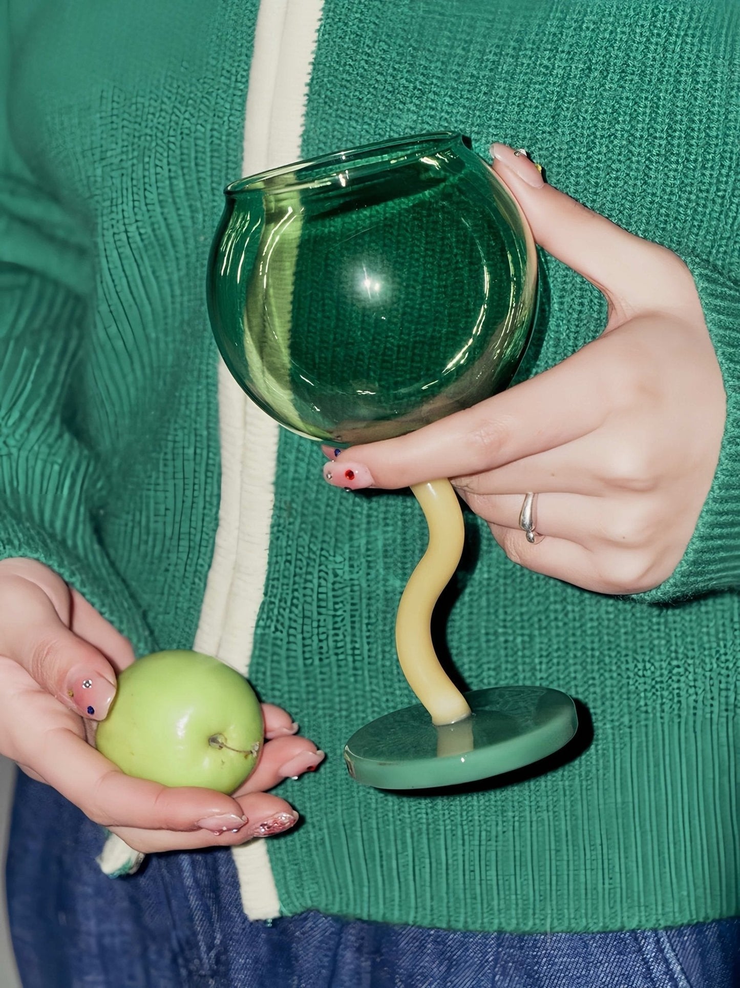 Handblown Bubble Wine Glass - Retro Whimsical Eclectic Wavy Stemmed Goblets