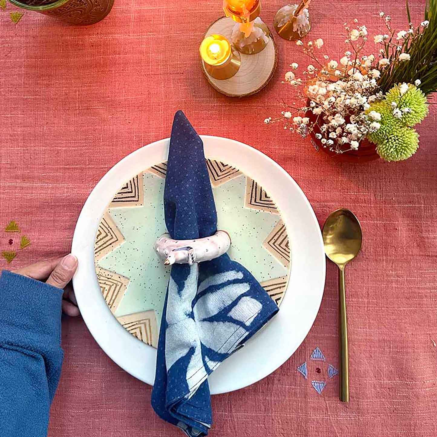 Hand Block Printed Blue Lotus Napkin (Set of 4) - Lotus Blue