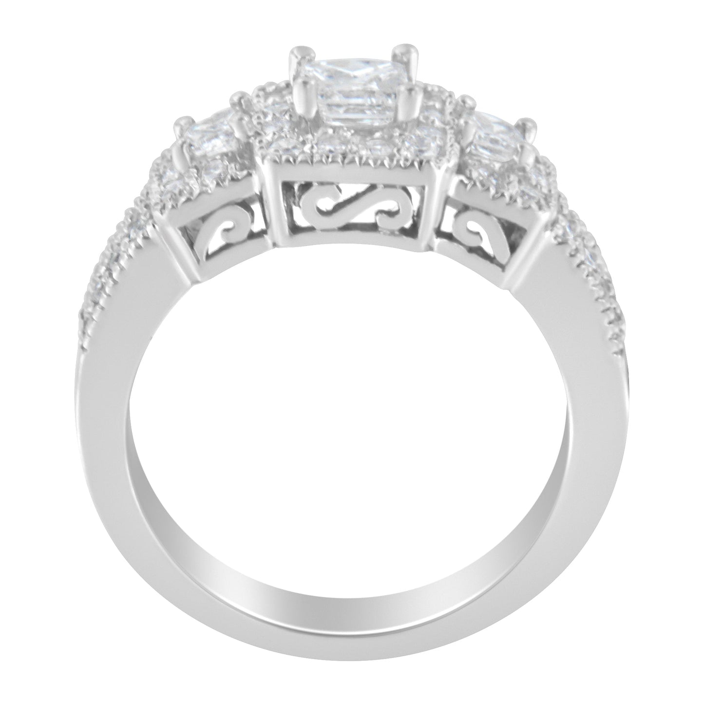 14K White Gold Round and Princess-Cut Diamond Three Stone Ring (1 Cttw, H-I Color, I1-I2 Clarity) - Size 7