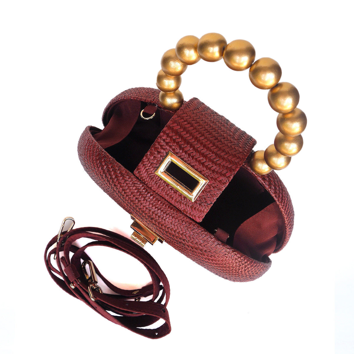 THE ORLA — Maroon Woven Straw Half-Moon Bag with Gold Beaded Handle