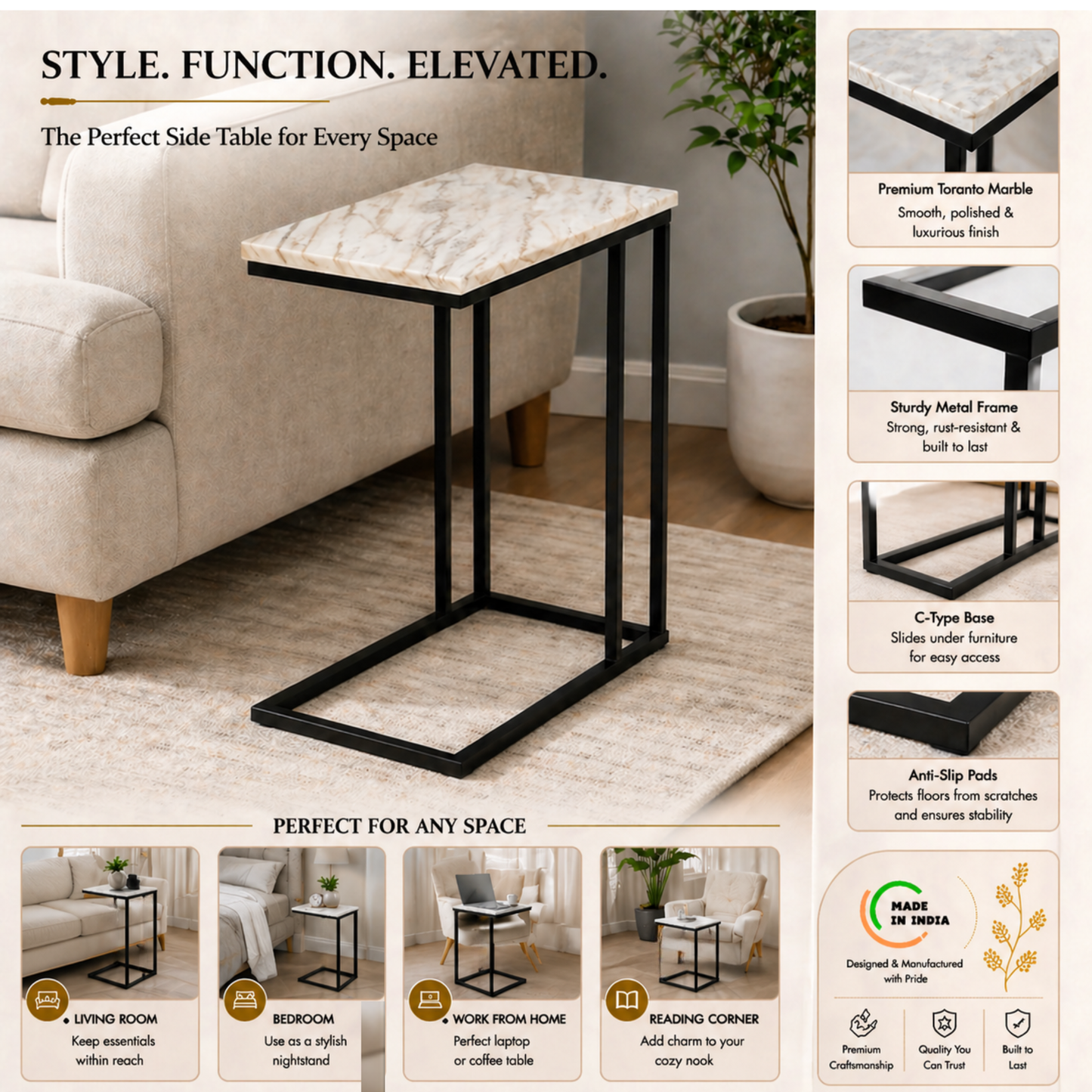 C-Shape Side Table with Marble Top