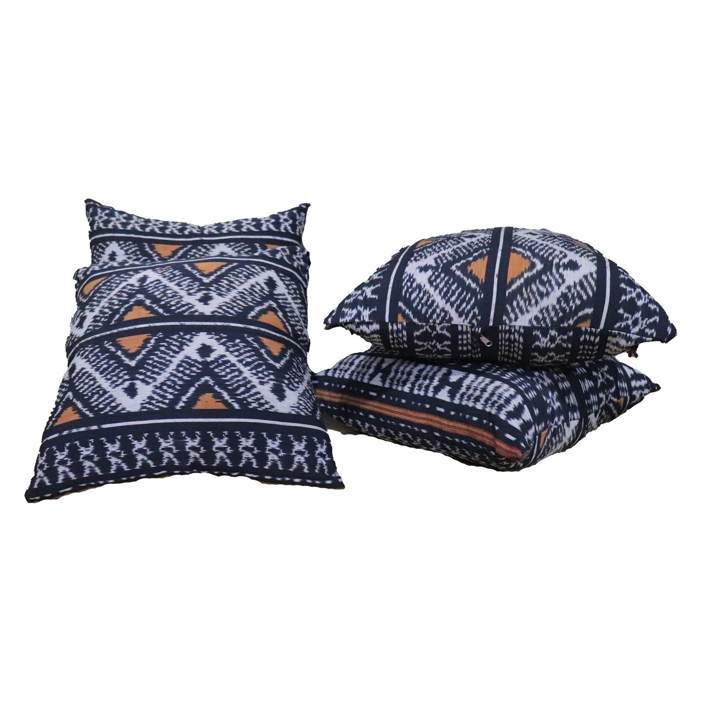 Handwoven Ikat Pillow Cover, Heritage Fire, Black and Orange. 22 x 22inches, Cushion