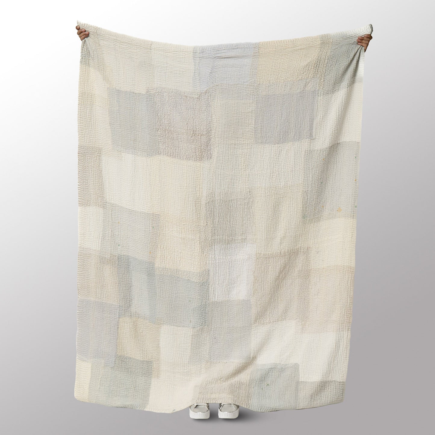 Gray Mist Fray Patch Kantha Throw