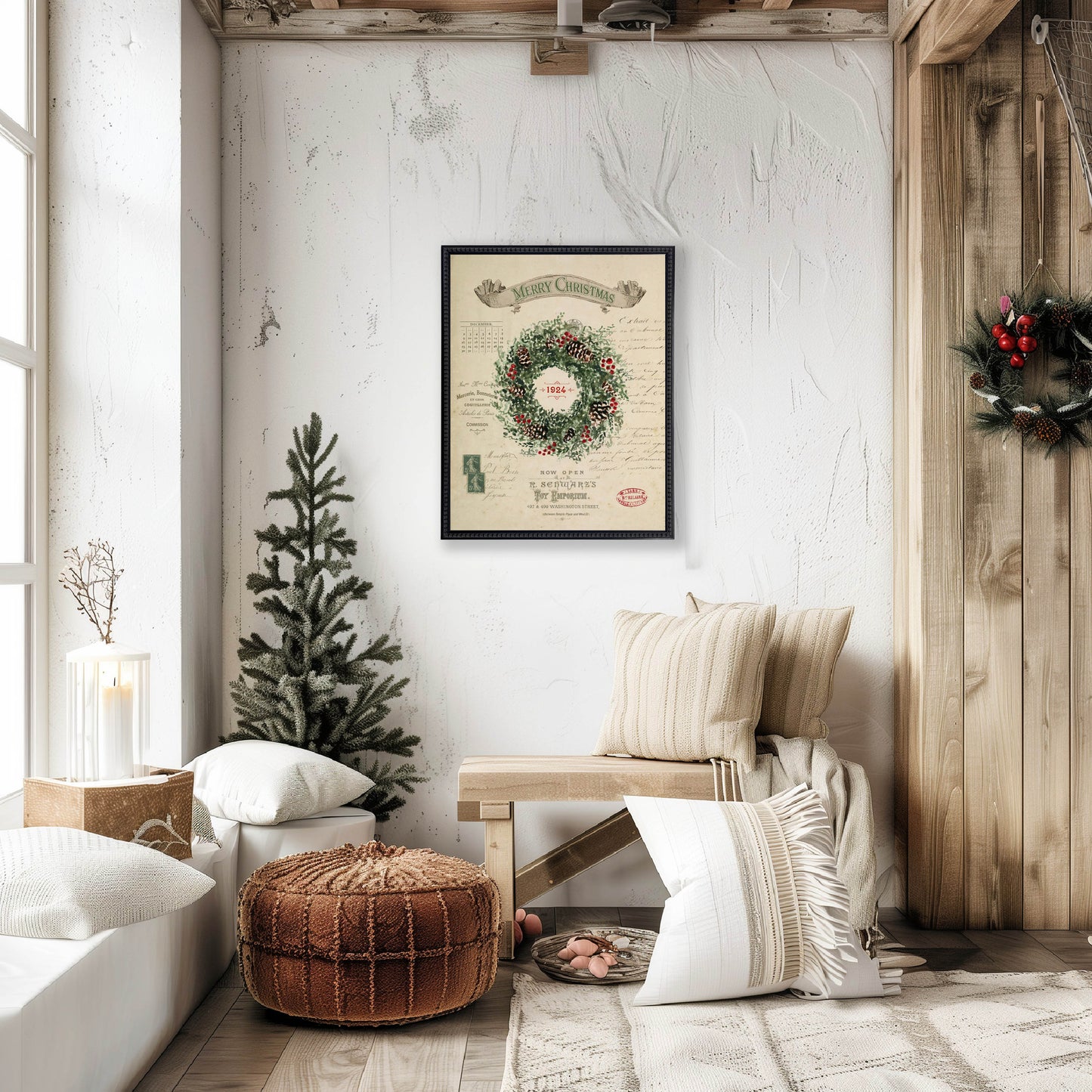 Vintage Painting of a Wreath on a distressed bookplate background