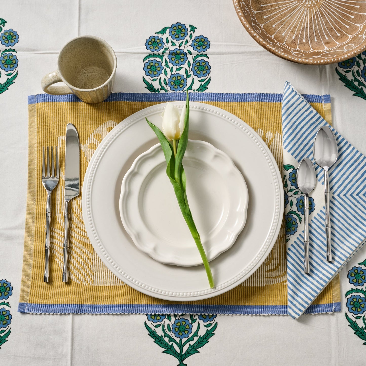 Devika Floral + Stripe Block Print Tablecloth