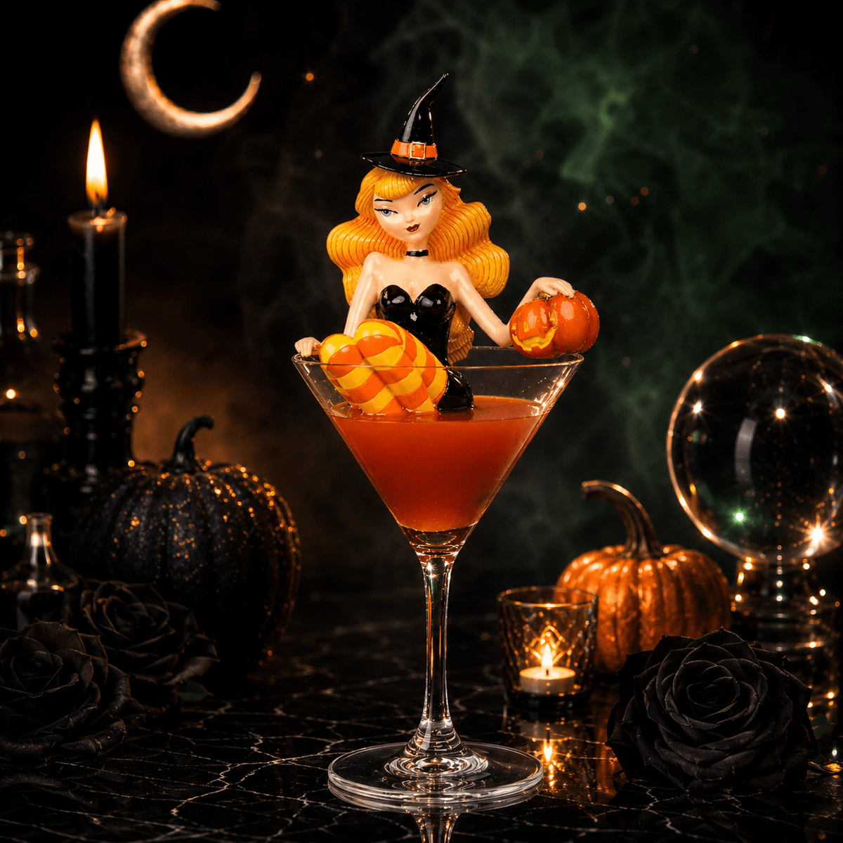 SECOND Pumpkin Spice & Everything Naughty Orange Witch in Martini Glass 10"Figurine | December Diamonds