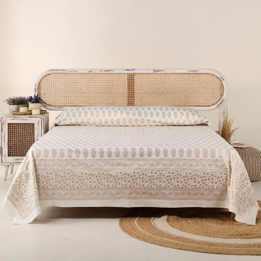 Gold & White Handprinted Bed Cover Set with Pillow Covers