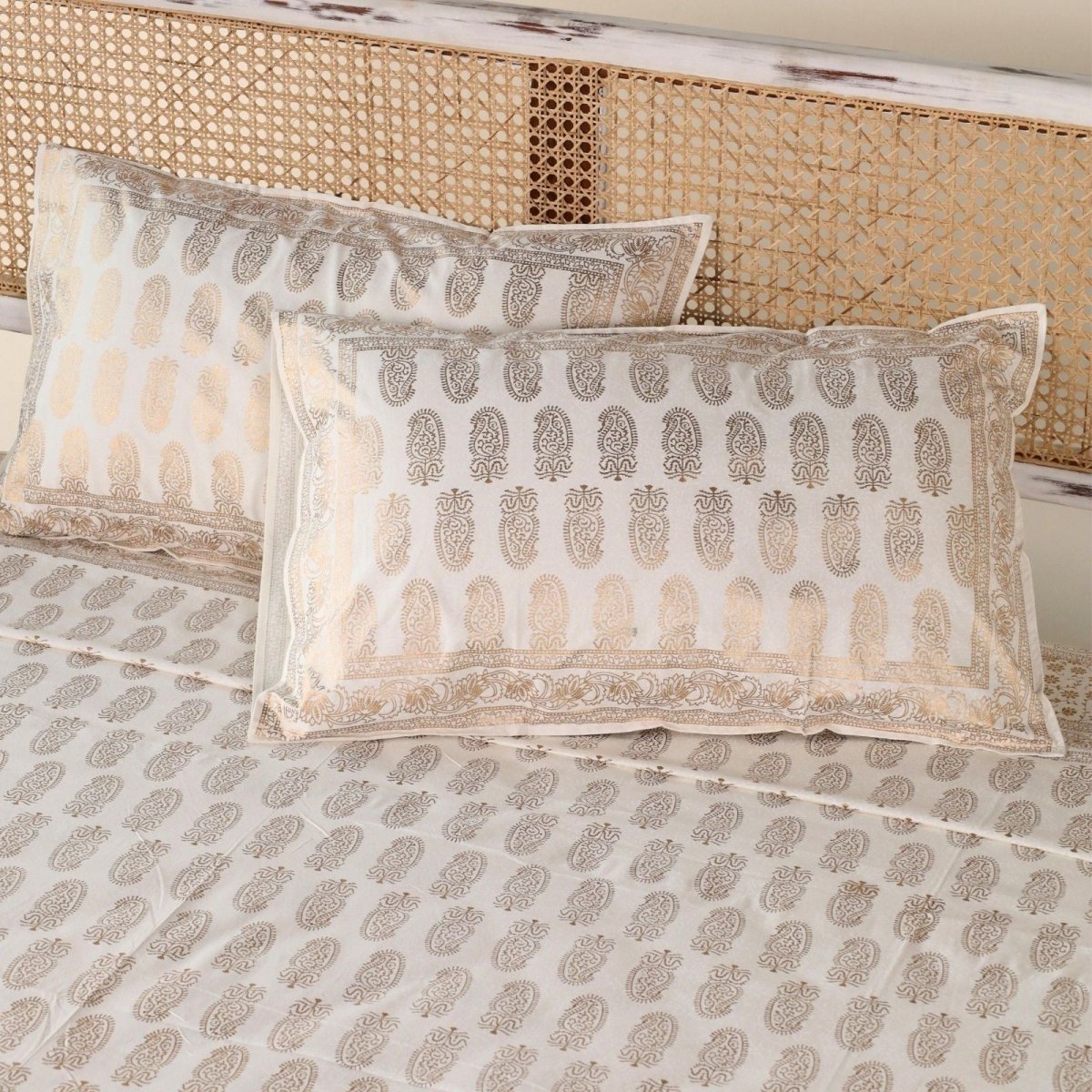 Gold & White Handprinted Bed Cover Set with Pillow Covers