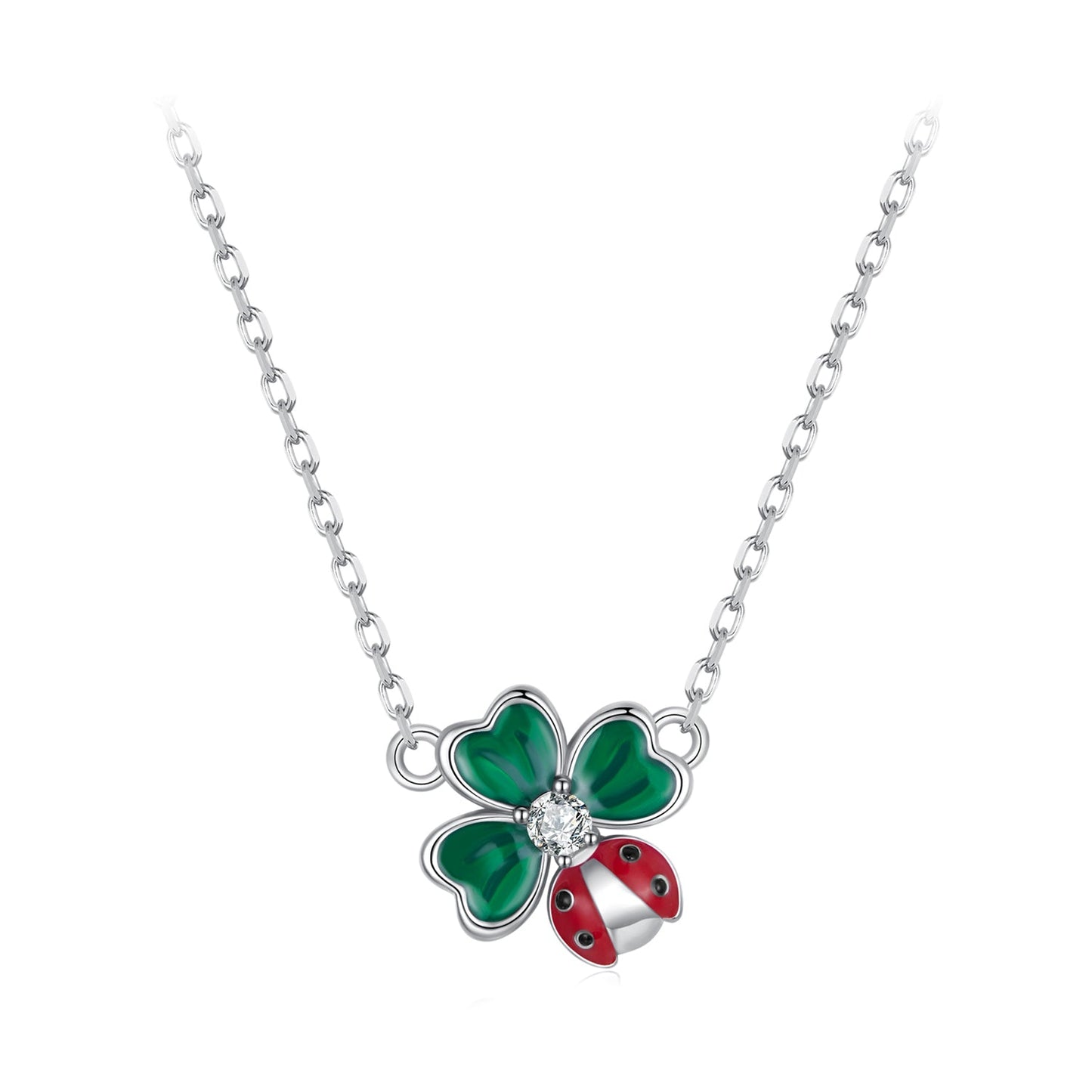 925 Sterling Silver Necklace with Enamel, White Gold Plated, 40+5 cm Chain Length, Women's Jewelry