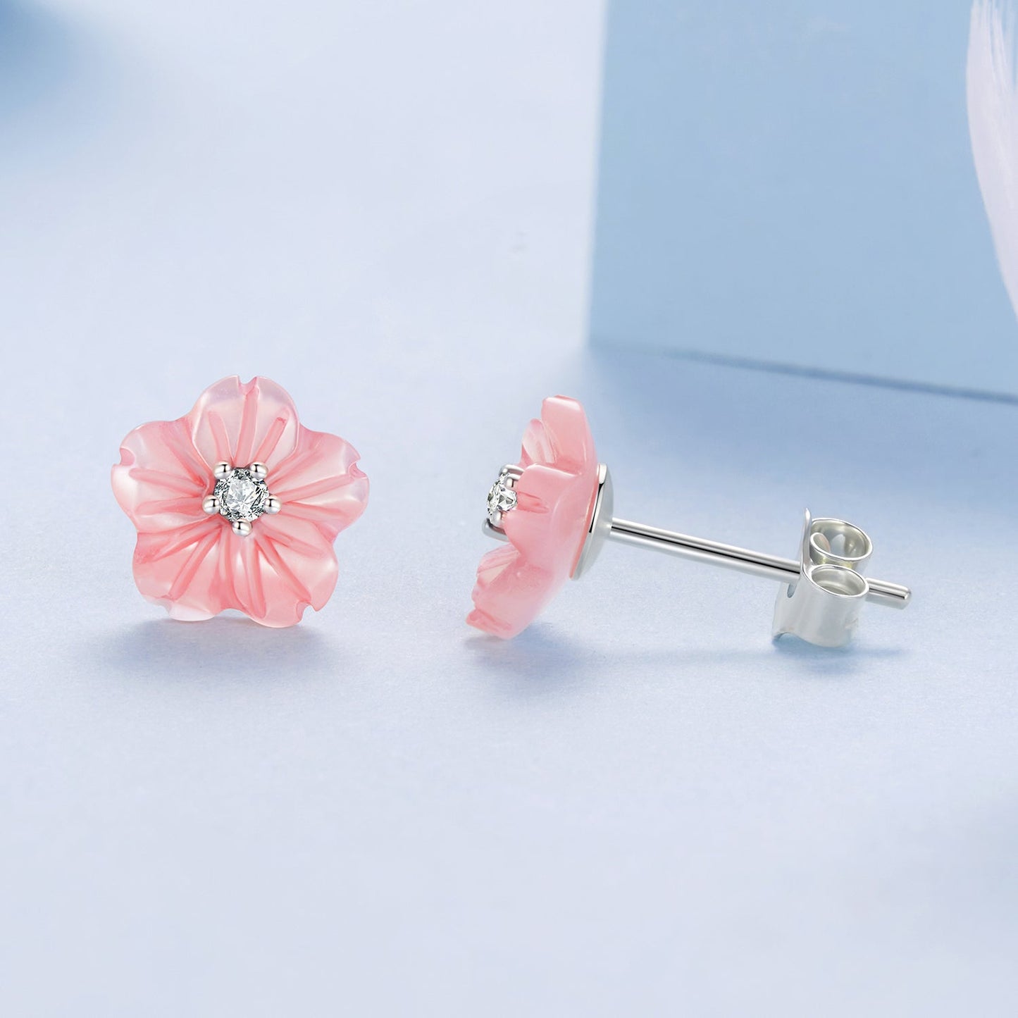925 Sterling Silver Earrings with High-Quality Nacre and Pavé CZ, Oxidized Silver