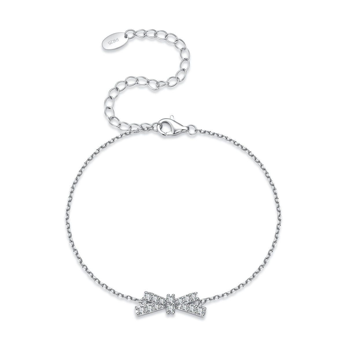 925 Sterling Silver White Gold Plated Moissanite Bow-Knot 15+6cm Bracelet for Women