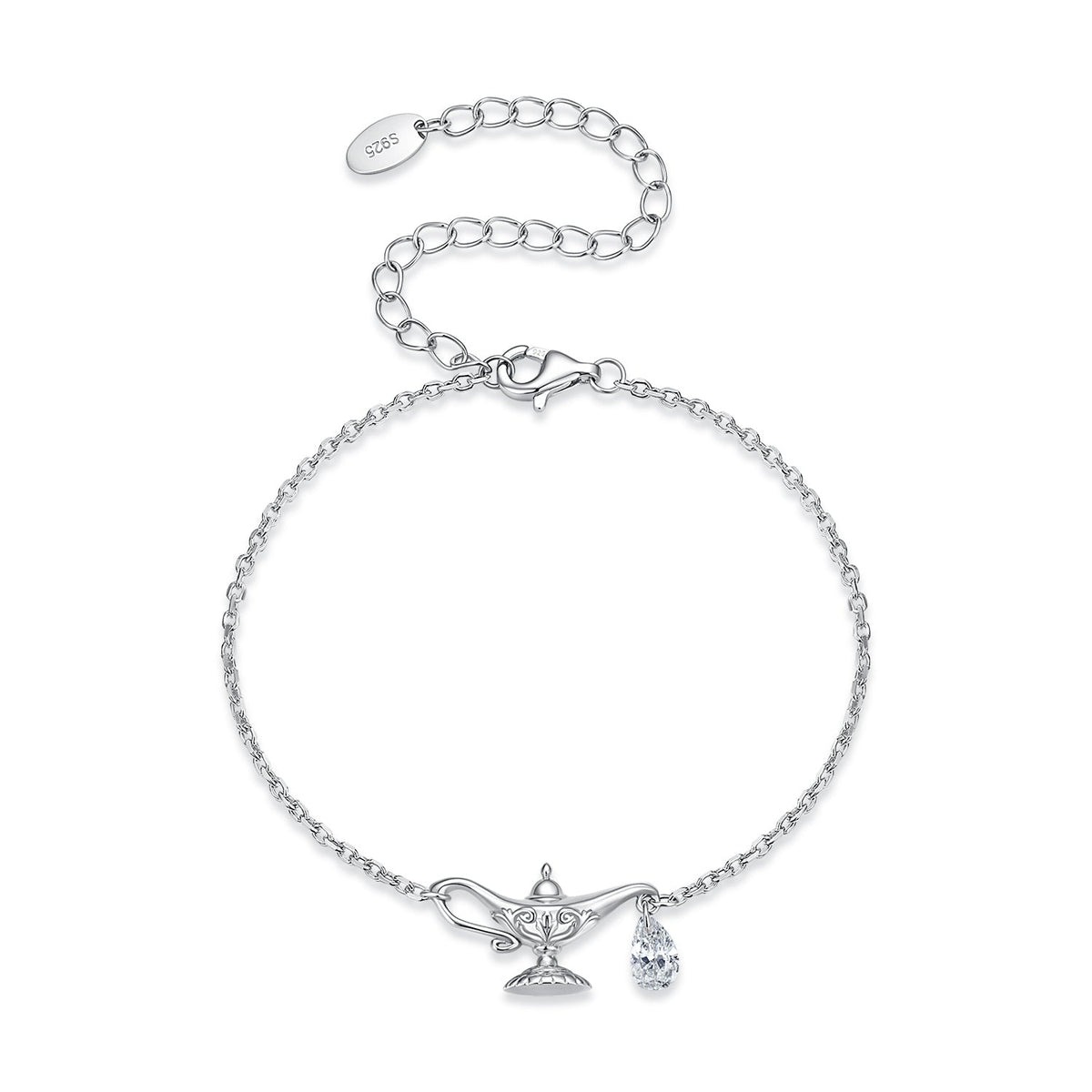 925 Sterling Silver White Gold Plated CZ Pavé 15+6cm Chain 1.0x1.7cm Pendant Bracelet for Women