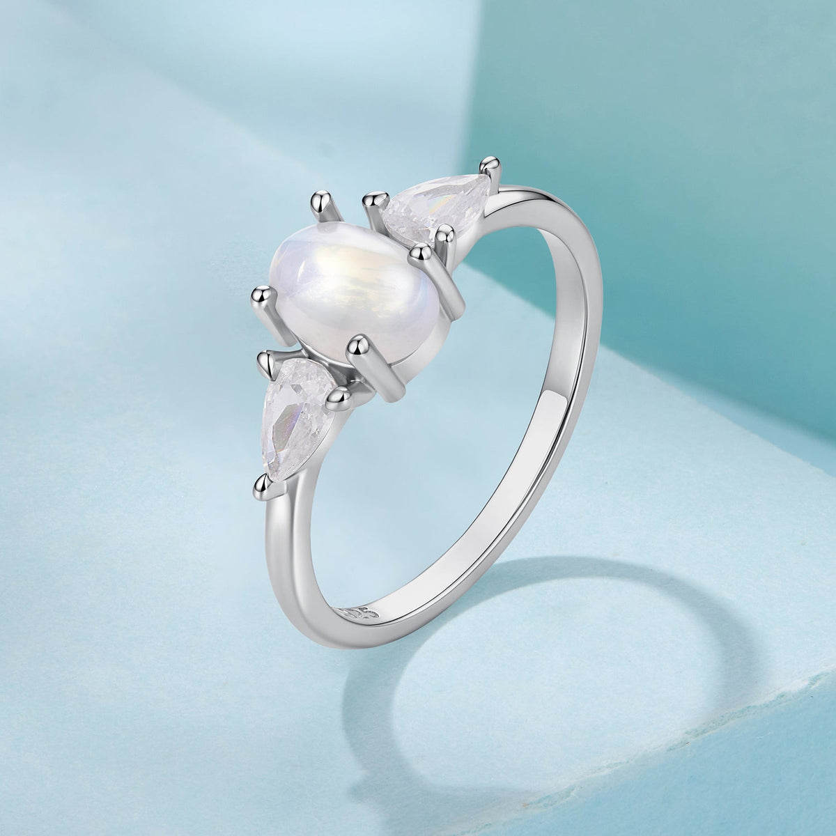 925 Sterling Silver White Gold Plated Natural Moonstone CZ Size 6 Ring for Women