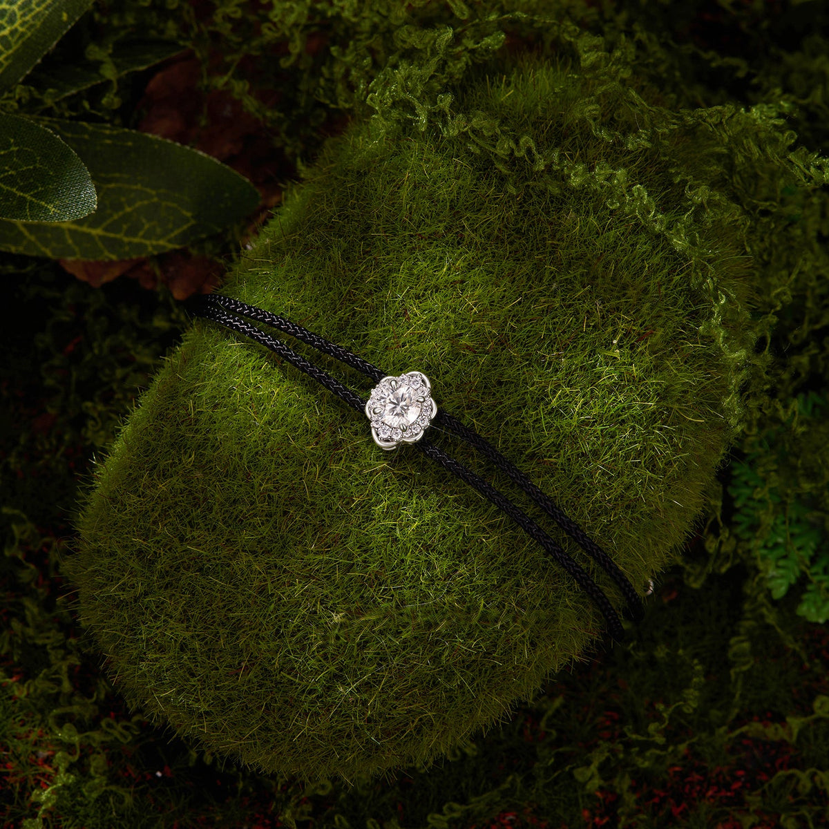 925 Sterling Silver White Gold Plated Round Moissanite 15+6cm Cotton Cord Bracelet for Women