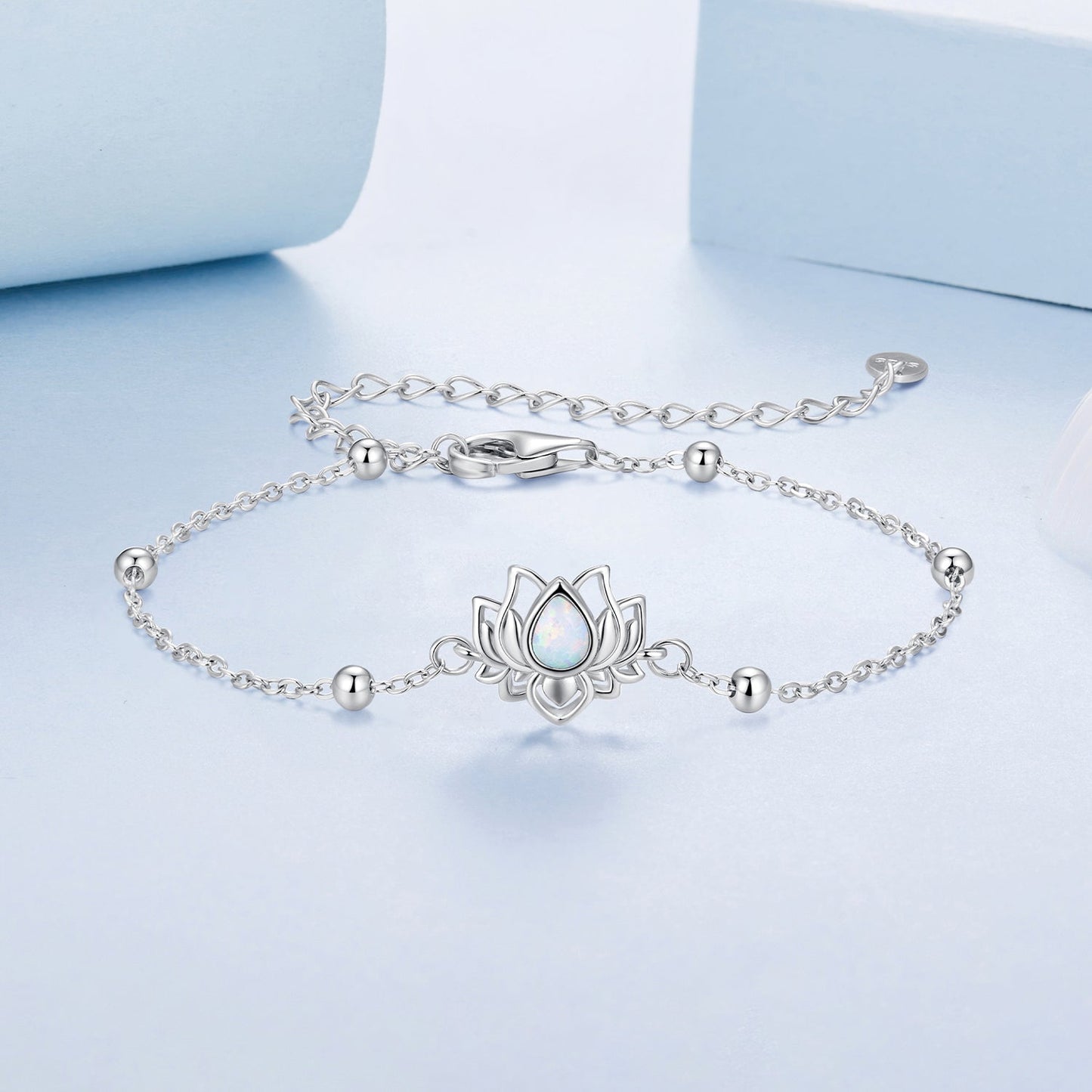 925 Sterling Silver White Gold Plated Bracelet with Synthetic Opal - Length 15+6cm for Women