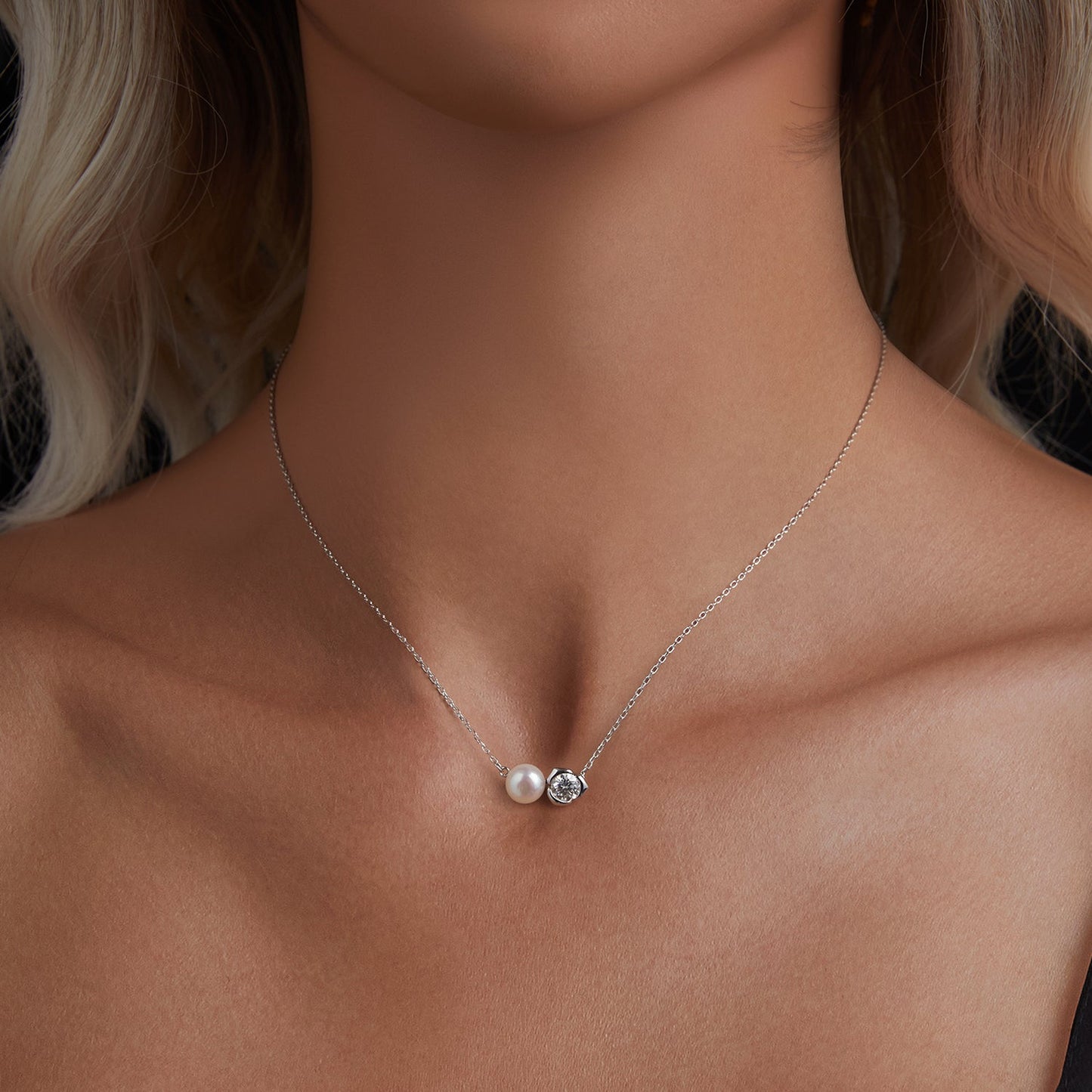 925 Sterling Silver Moissanite & Freshwater Pearl White Gold Necklace 45cm for Women