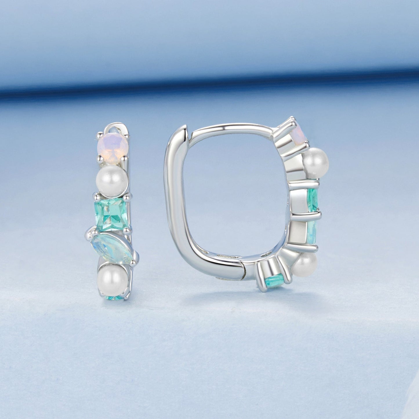 925 Sterling Silver Earrings with Nano Opal, Shell Pearl and Glass, 1.4cm for Women
