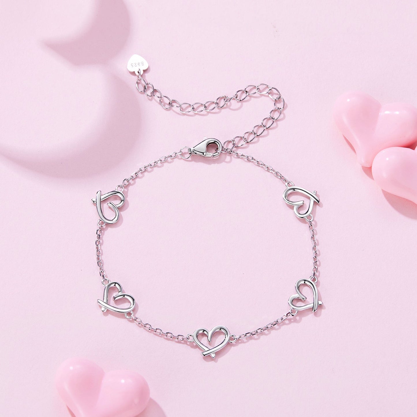 925 Sterling Silver 15+6cm 0.8cm Heart White Gold Plated Bracelet for Women