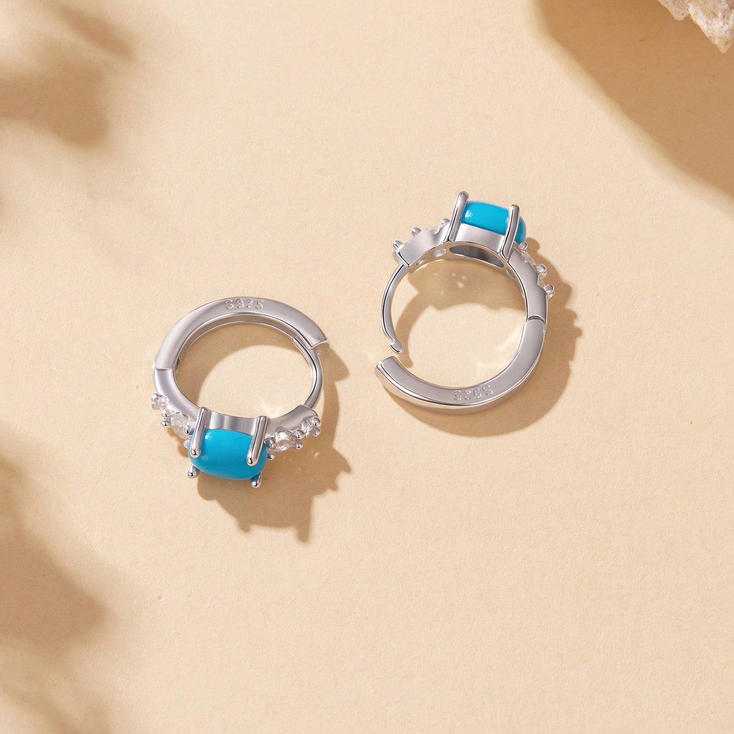 925 Sterling Silver Earrings with Synthetic Turquoise and CZ, White Gold Plated, 1.0cm Hoop for Women