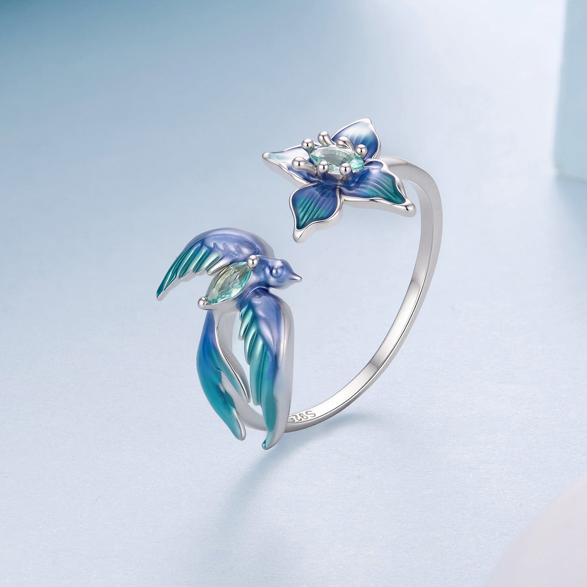 925 Sterling Silver White Gold Plated Enamel Transparent Glass 1.2cm Bird Ring for Women