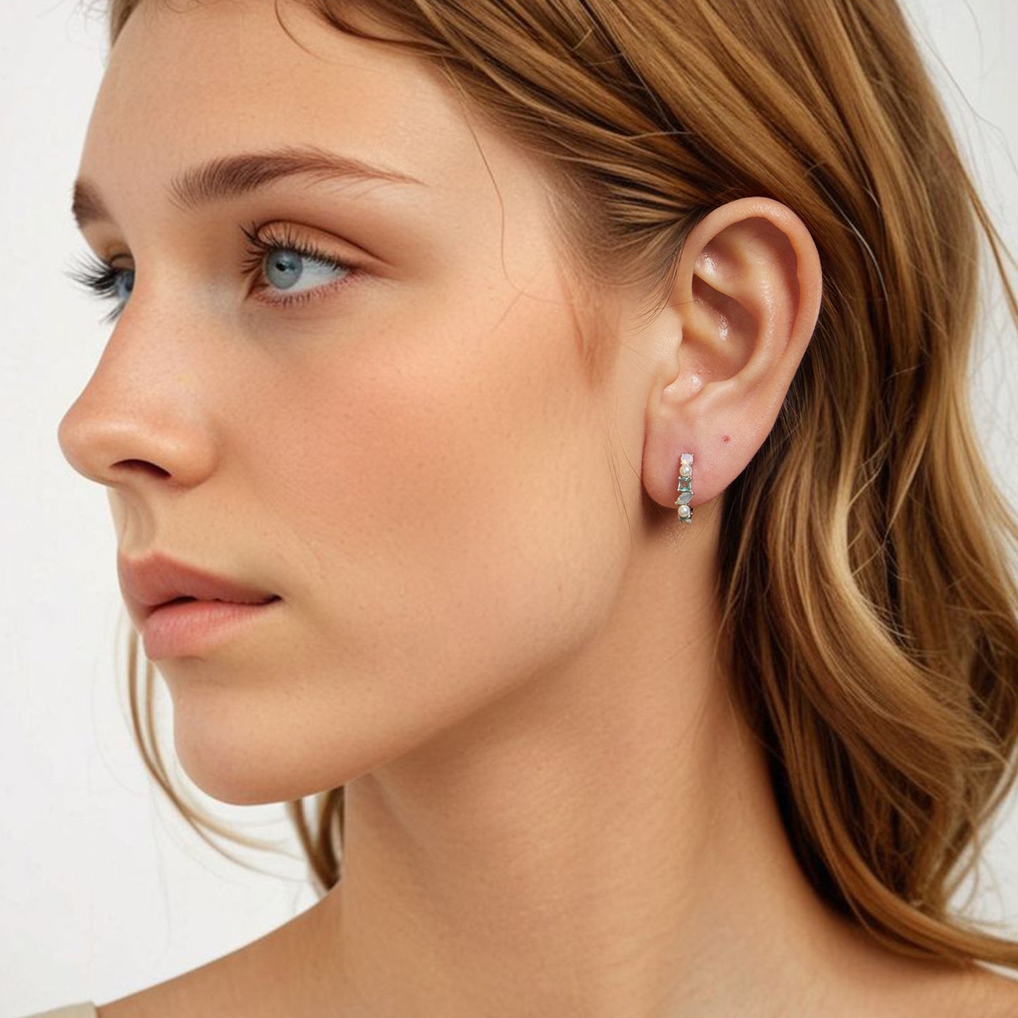 925 Sterling Silver Earrings with Nano Opal, Shell Pearl and Glass, 1.4cm for Women