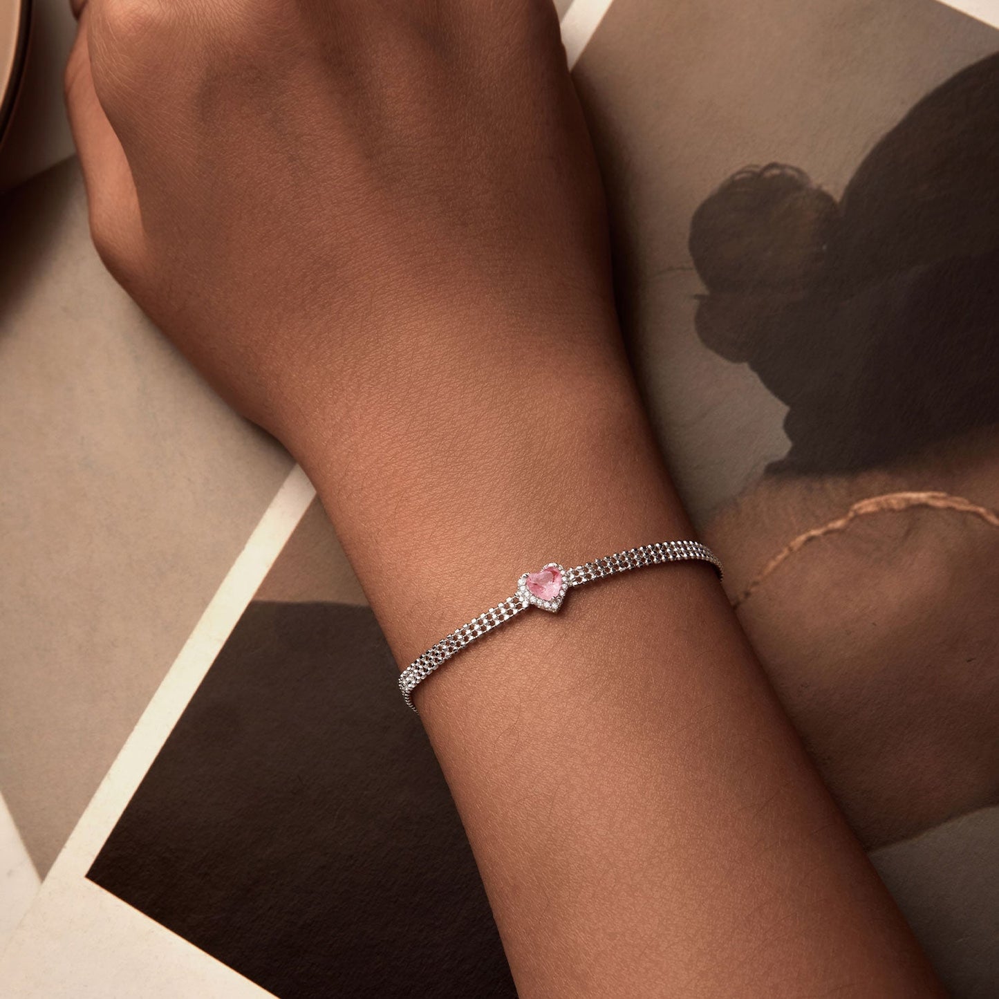 925 Sterling Silver White Gold Plated 8mm CZ Pendant Bracelet for Women
