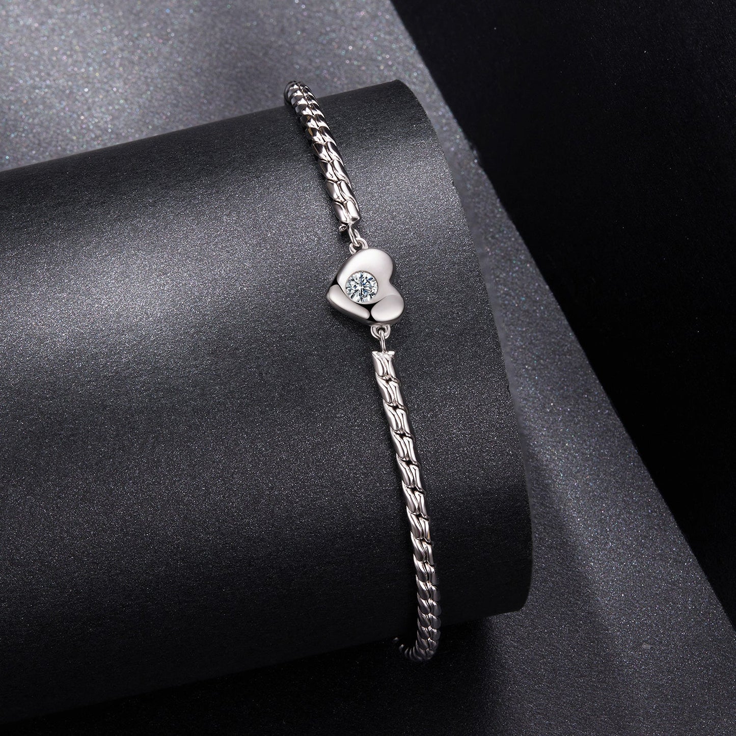 925 Sterling Silver Moissanite Heart Bracelet for Women - Silver - 15+6cm Length, 0.3cm Thickness