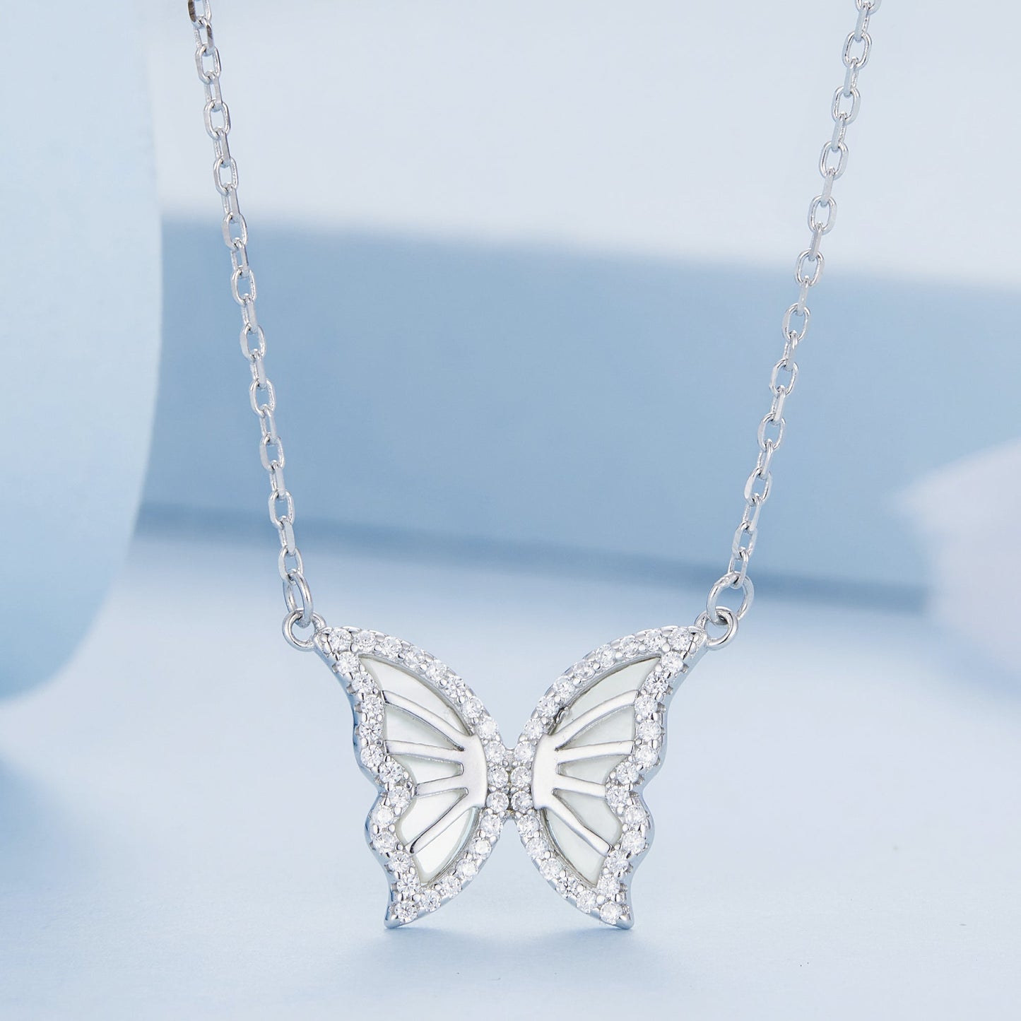 S925 Sterling Silver Plated Nacre & CZ Necklace, 40+5cm for Women
