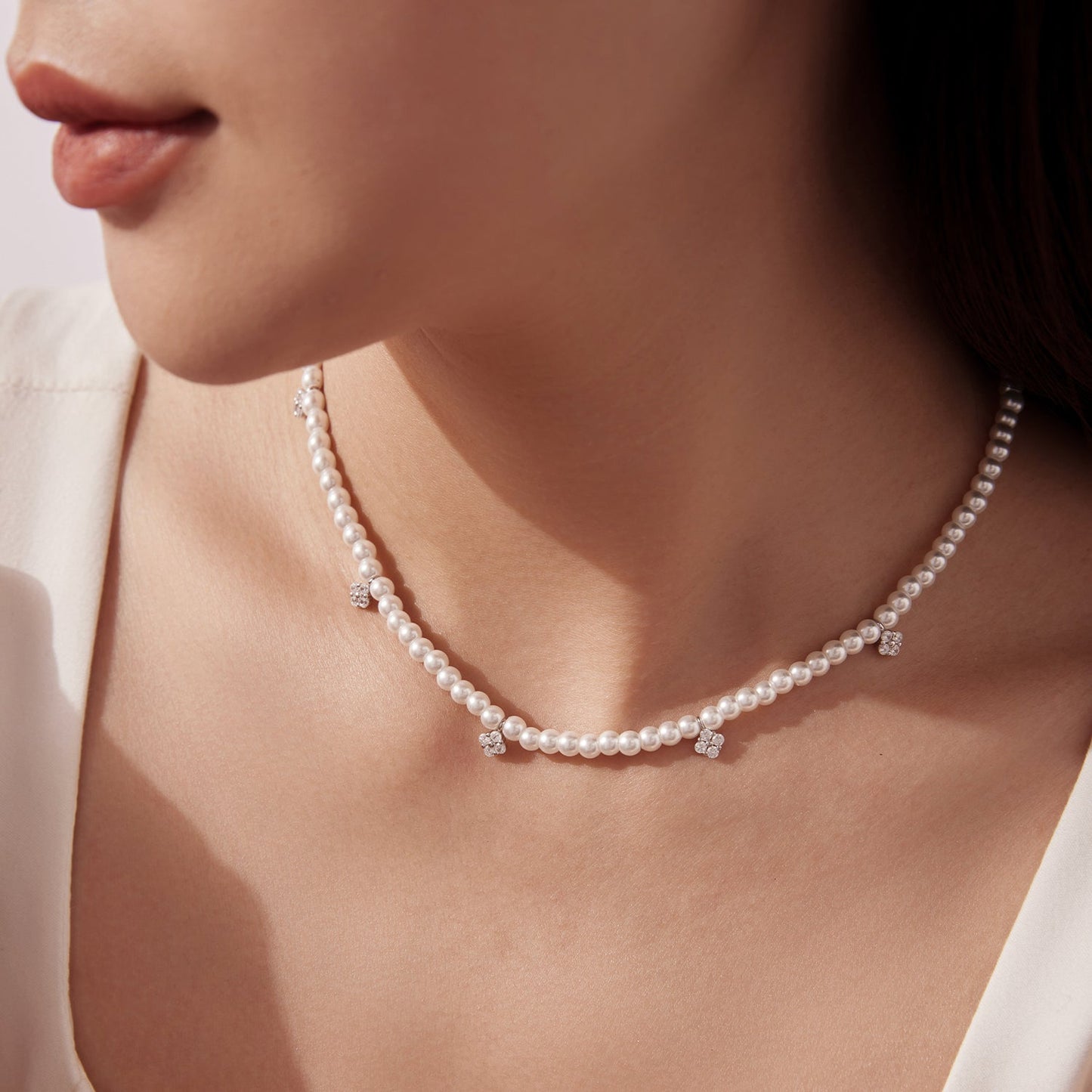 925 Sterling Silver Necklace with Pavé Setting CZ & Synthetic Pearl for Women