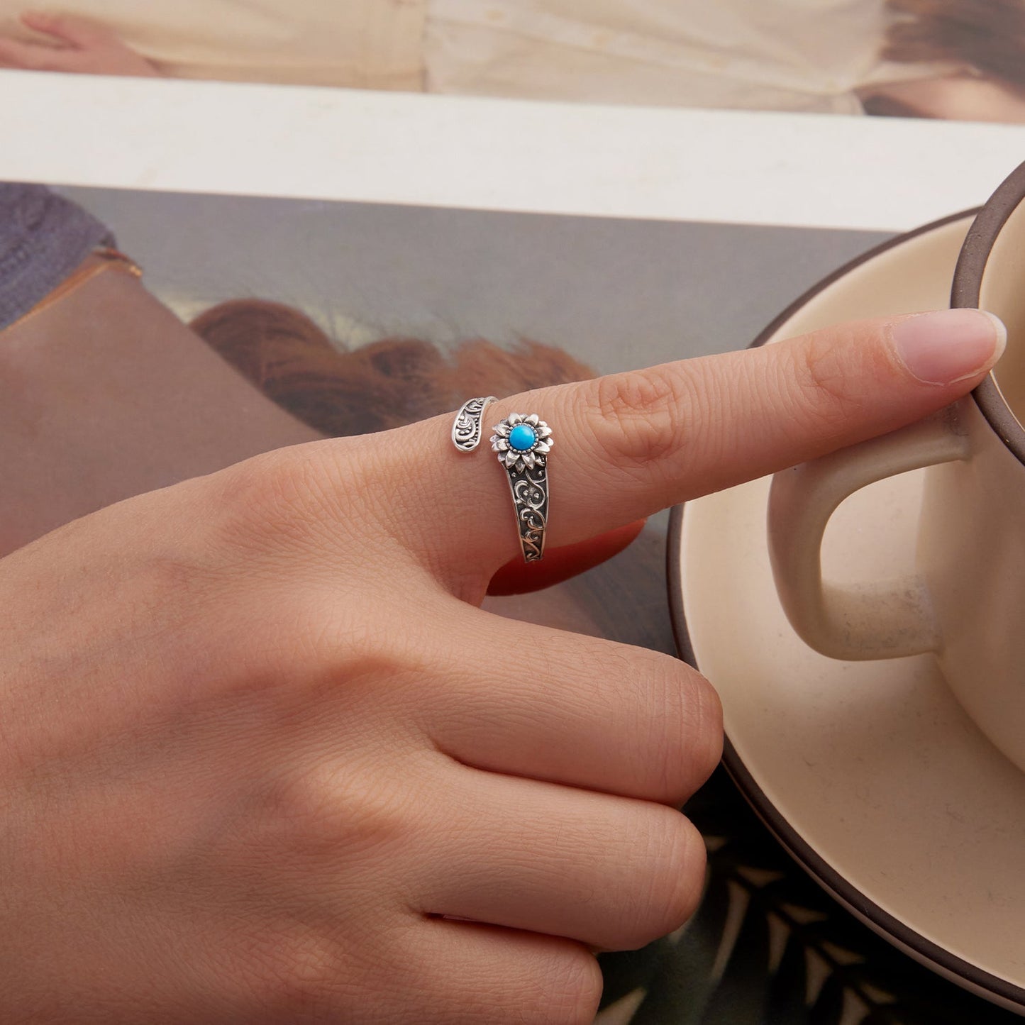 925 Sterling Silver Oxidized Synthetic Turquoise Ring 0.23-0.8cm Women