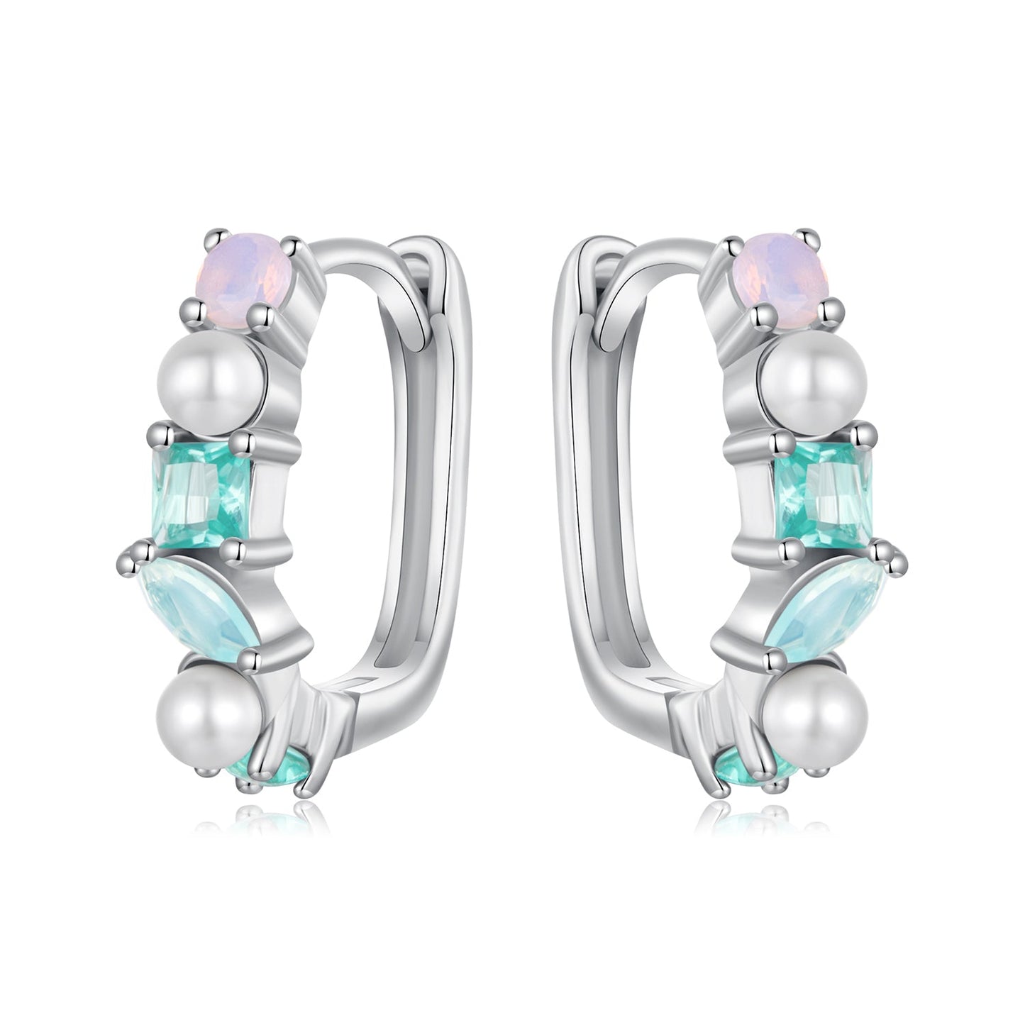 925 Sterling Silver Earrings with Nano Opal, Shell Pearl and Glass, 1.4cm for Women