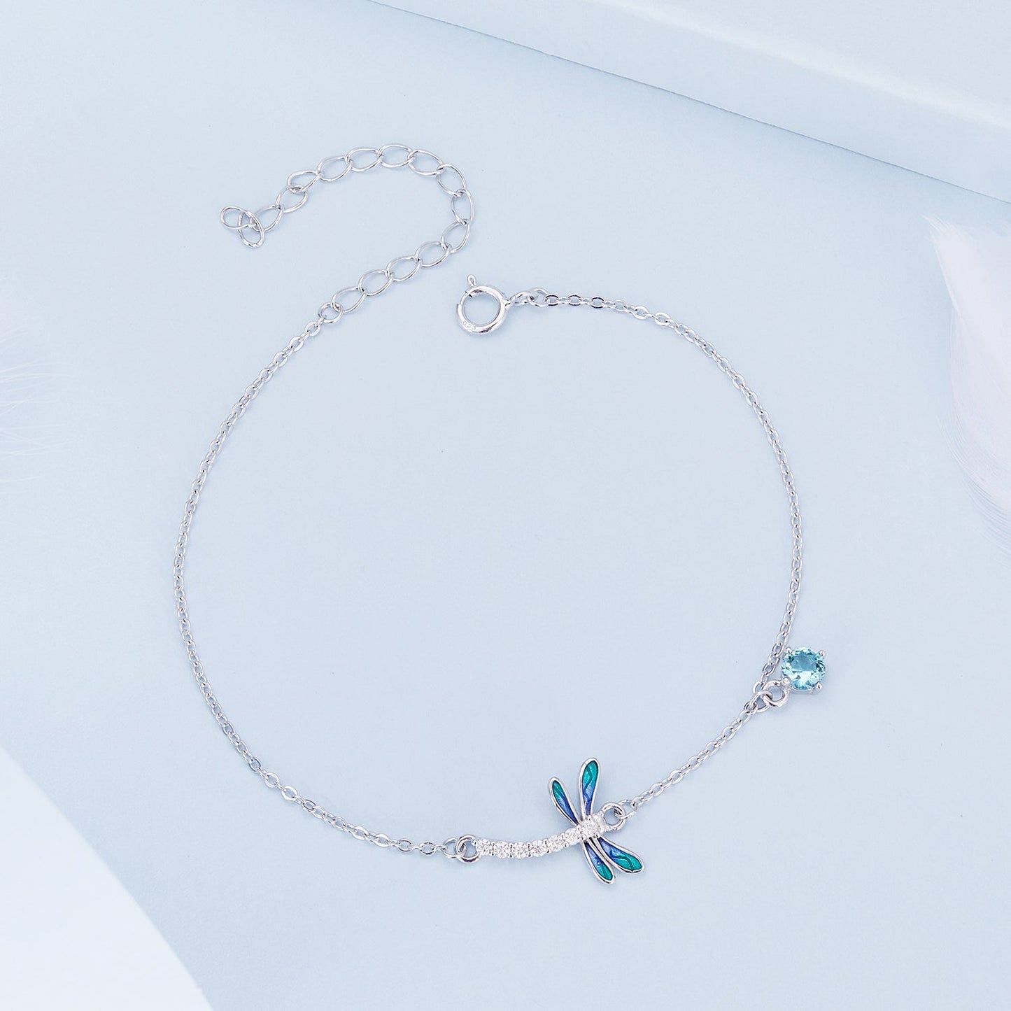925 Sterling Silver 16.5cm+5cm Enamel Dragonfly Bracelet for Women