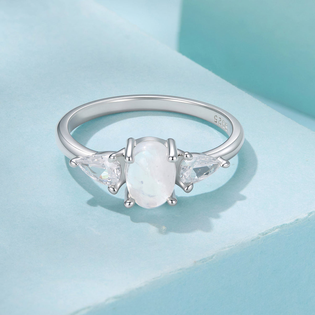 925 Sterling Silver White Gold Plated Natural Moonstone CZ Size 6 Ring for Women