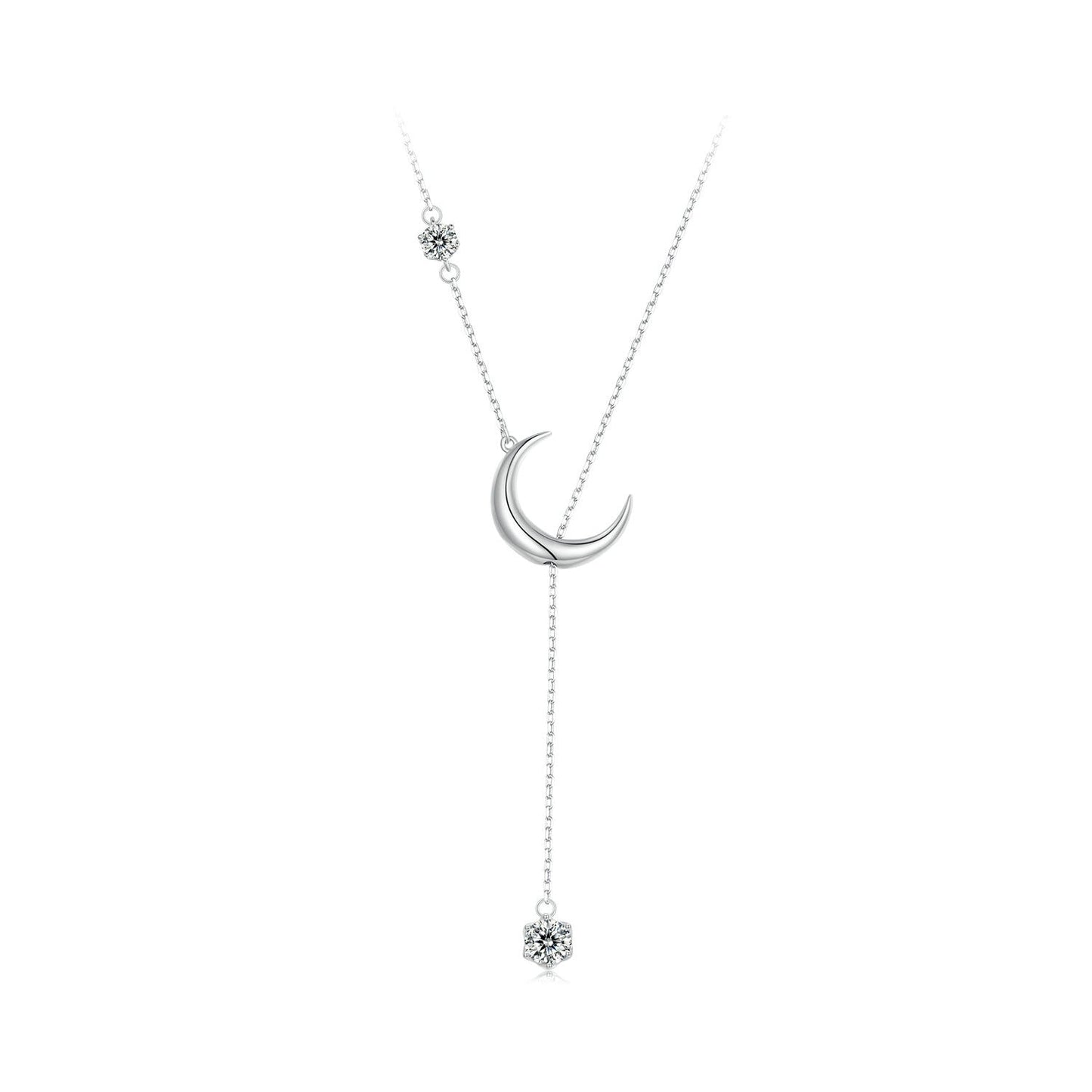 925 Sterling Silver Pavé Setting CZ Moon Necklace for Women