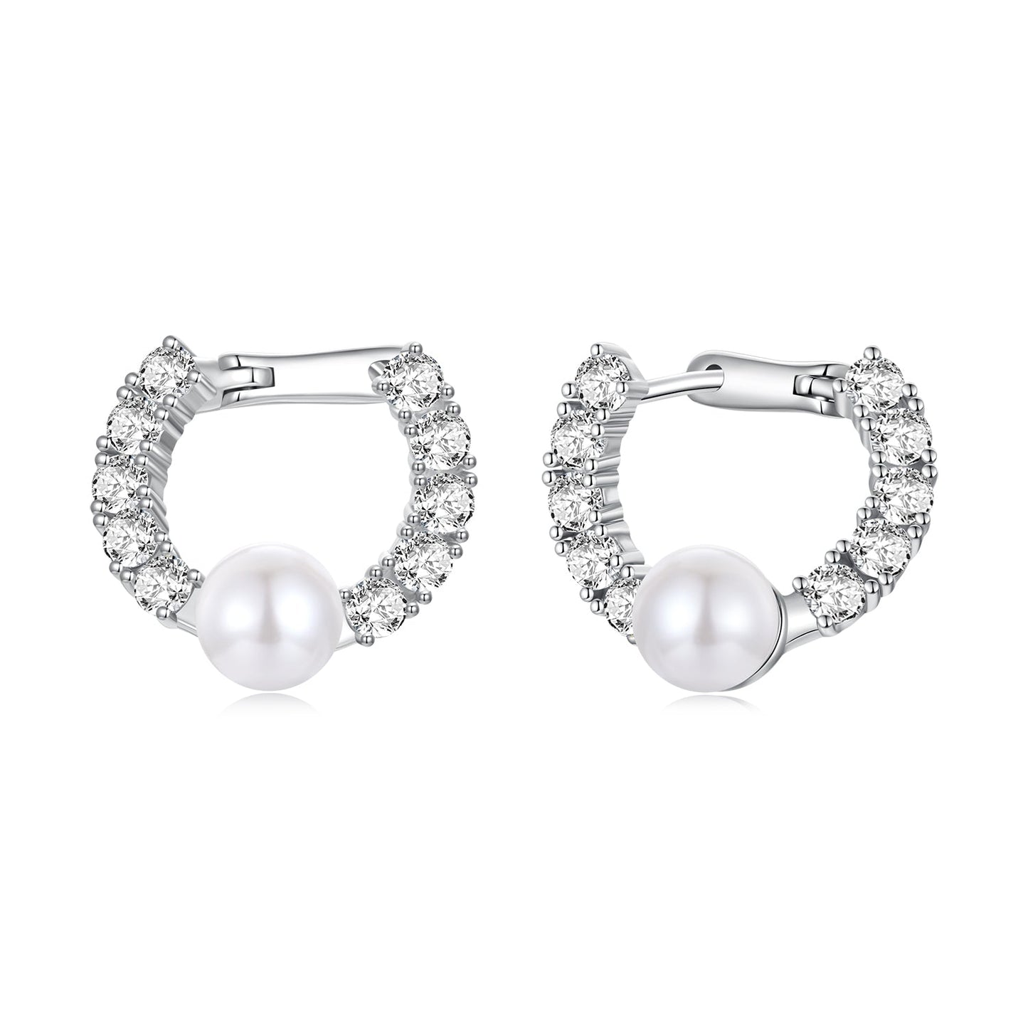925 Sterling Silver White Gold Plated 1.6cm Hoop Earrings with Synthetic Pearl for Women