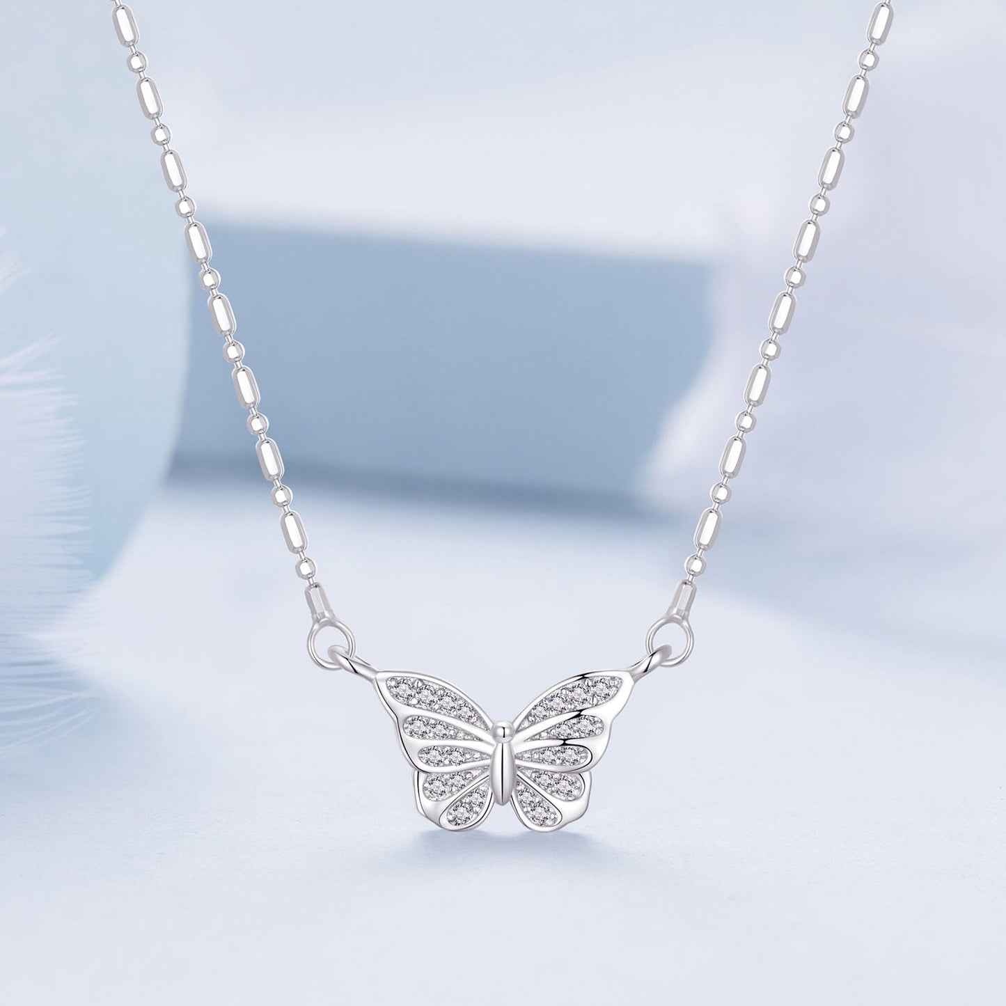 925 Sterling Silver Necklace with Pavé Setting CZ, Length 390+60mm, Pendant Size 8x15mm, for Women