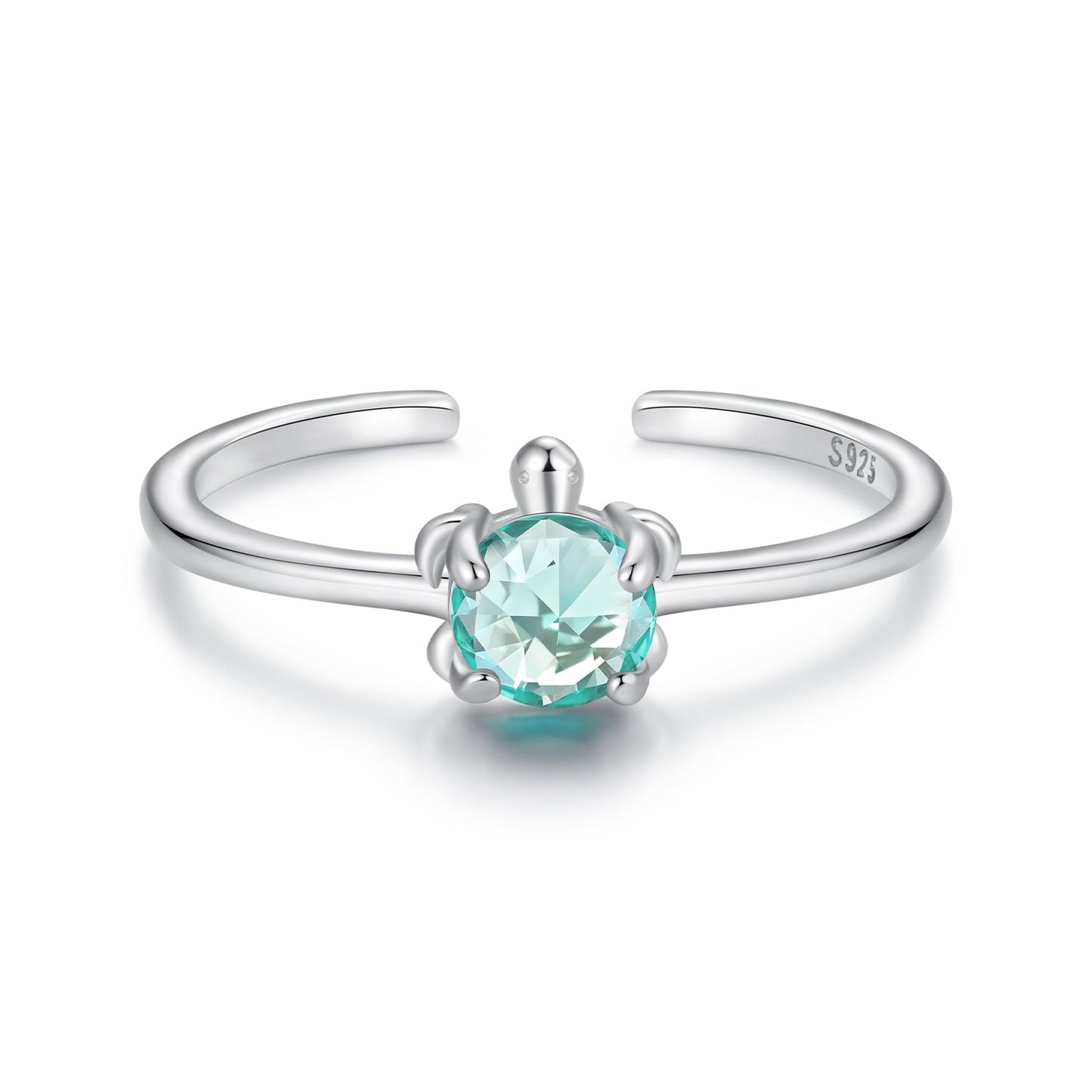 925 Sterling Silver White Gold Plated Transparent Glass Turtle Ring
